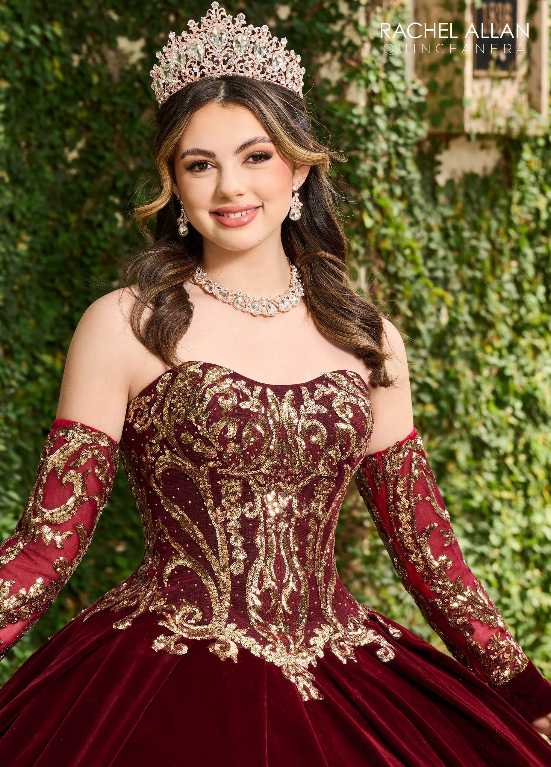 Burgundy Gold Strapless Floor-Length Luxe Velvet Quinceanera Ball Gown with Metallic Applique Rachel Allan MQ3051 Rachel Allan MQ3051