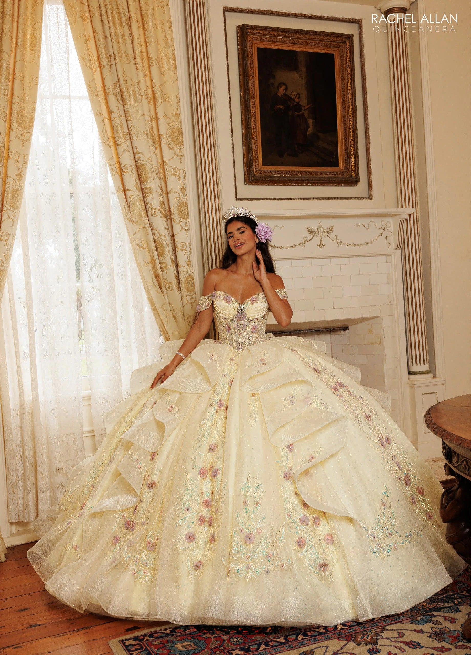 Off-the-Shoulder Floor-Length Tulle Quinceañe Ball Gown Rachel Allan RQ3185