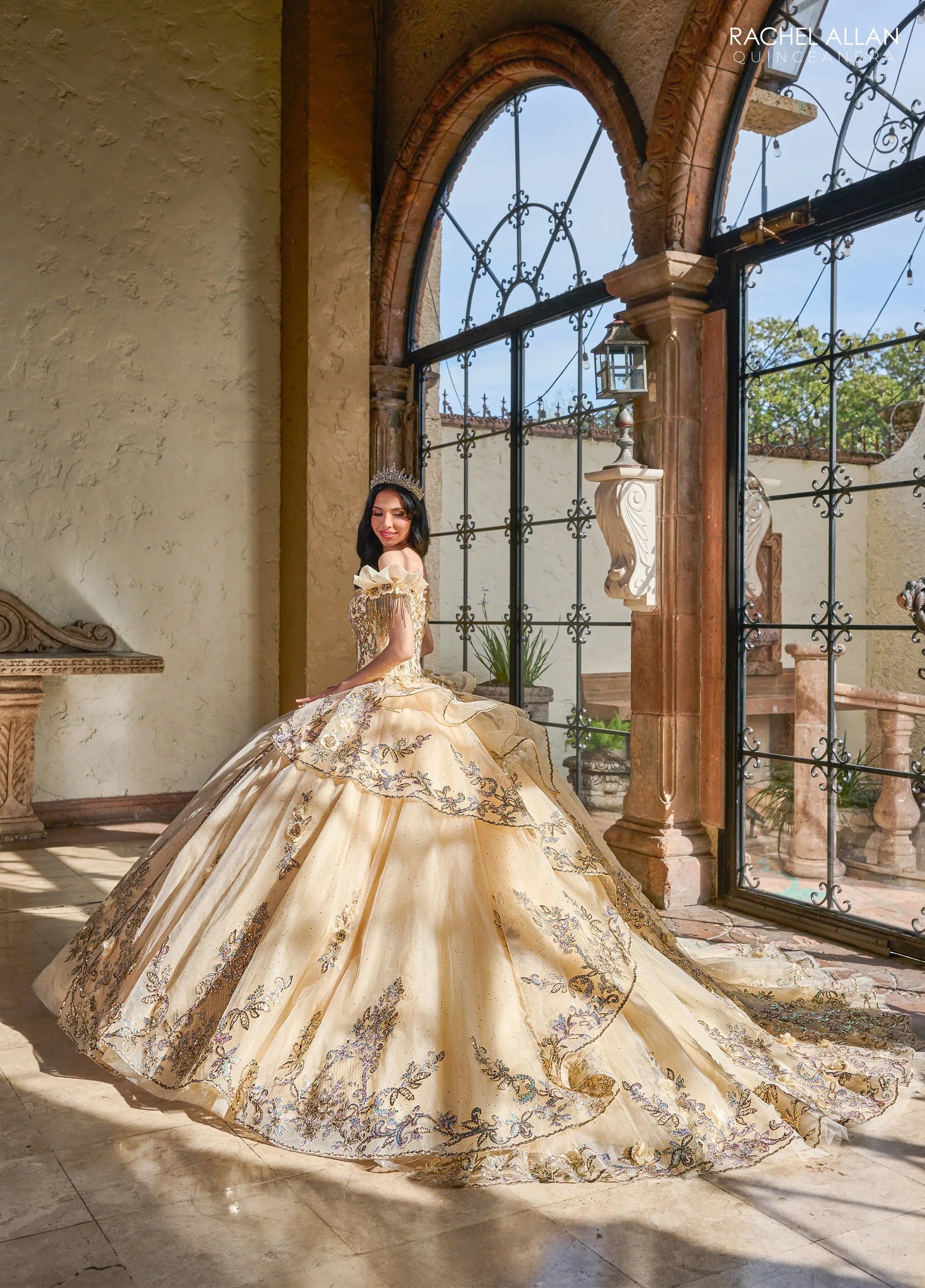 Champagne Gold Sweetheart Floor Length Glitter Tulle Quinceanera Ball Gown Rachel Allan RQ3137