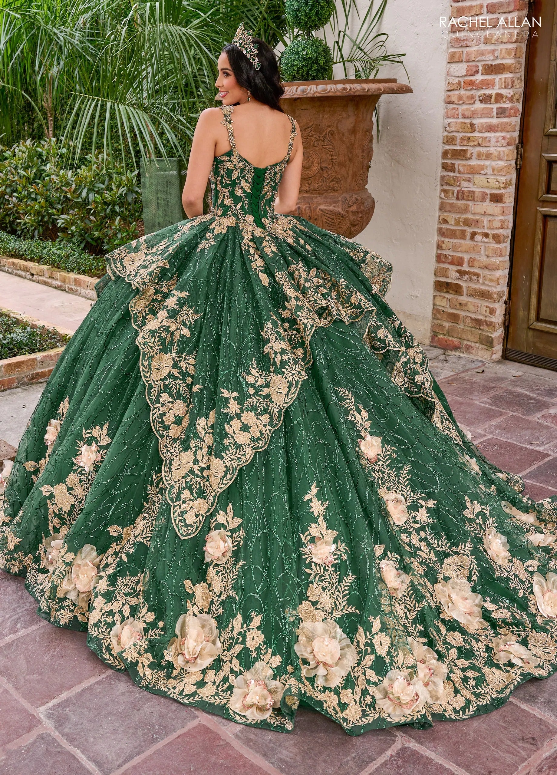 Emerald Gold V Neck Floor Length Glitter Tulle Quinceanera Ball Gown with 3D Floral Applique Rachel Allan RQ3140