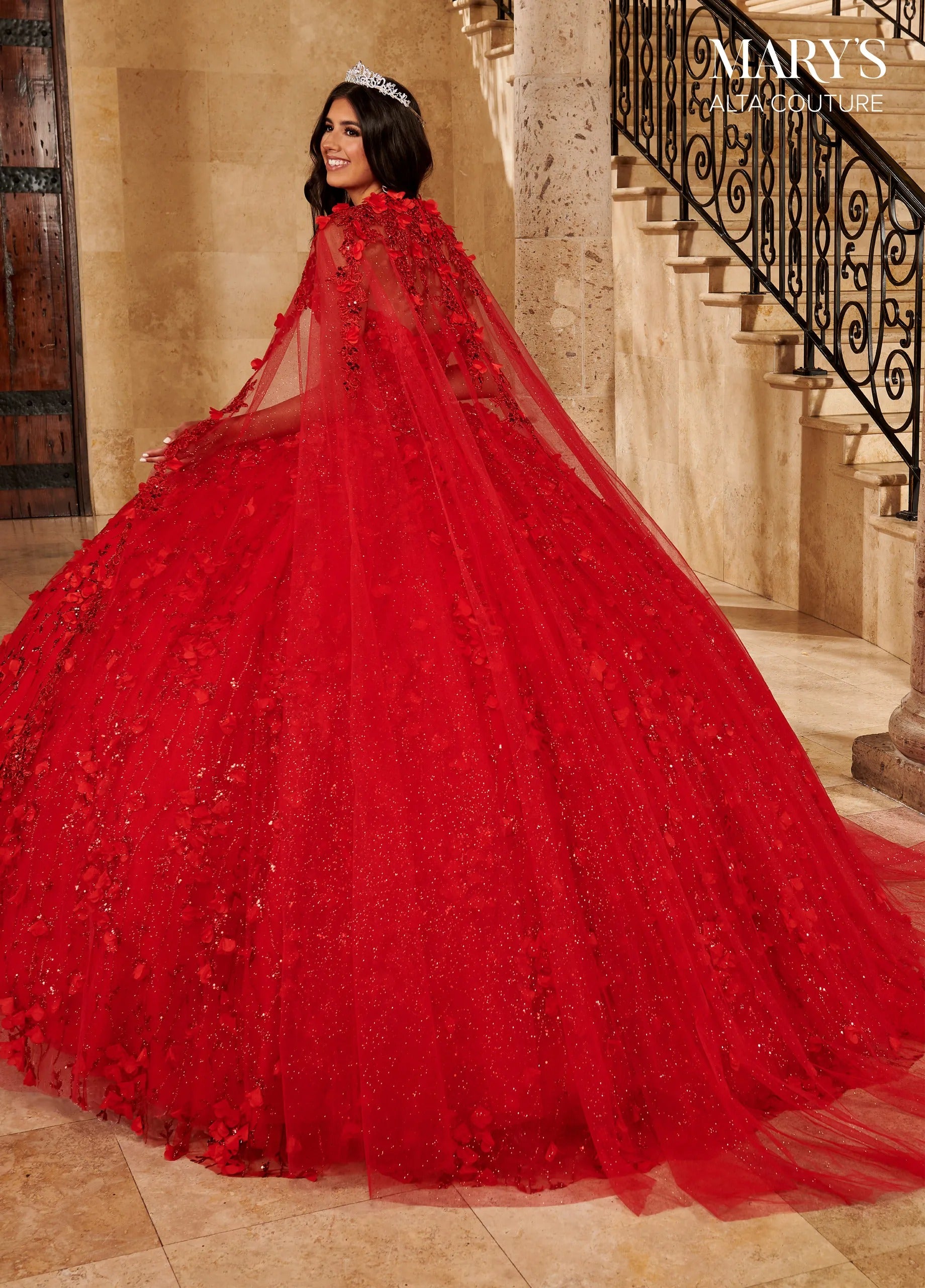 Red Strapless Floor-Length Glitter Tulle Quinceanera Ball Gown with Matching Cape Rachel Allan MQ3075 Rachel Allan MQ3075