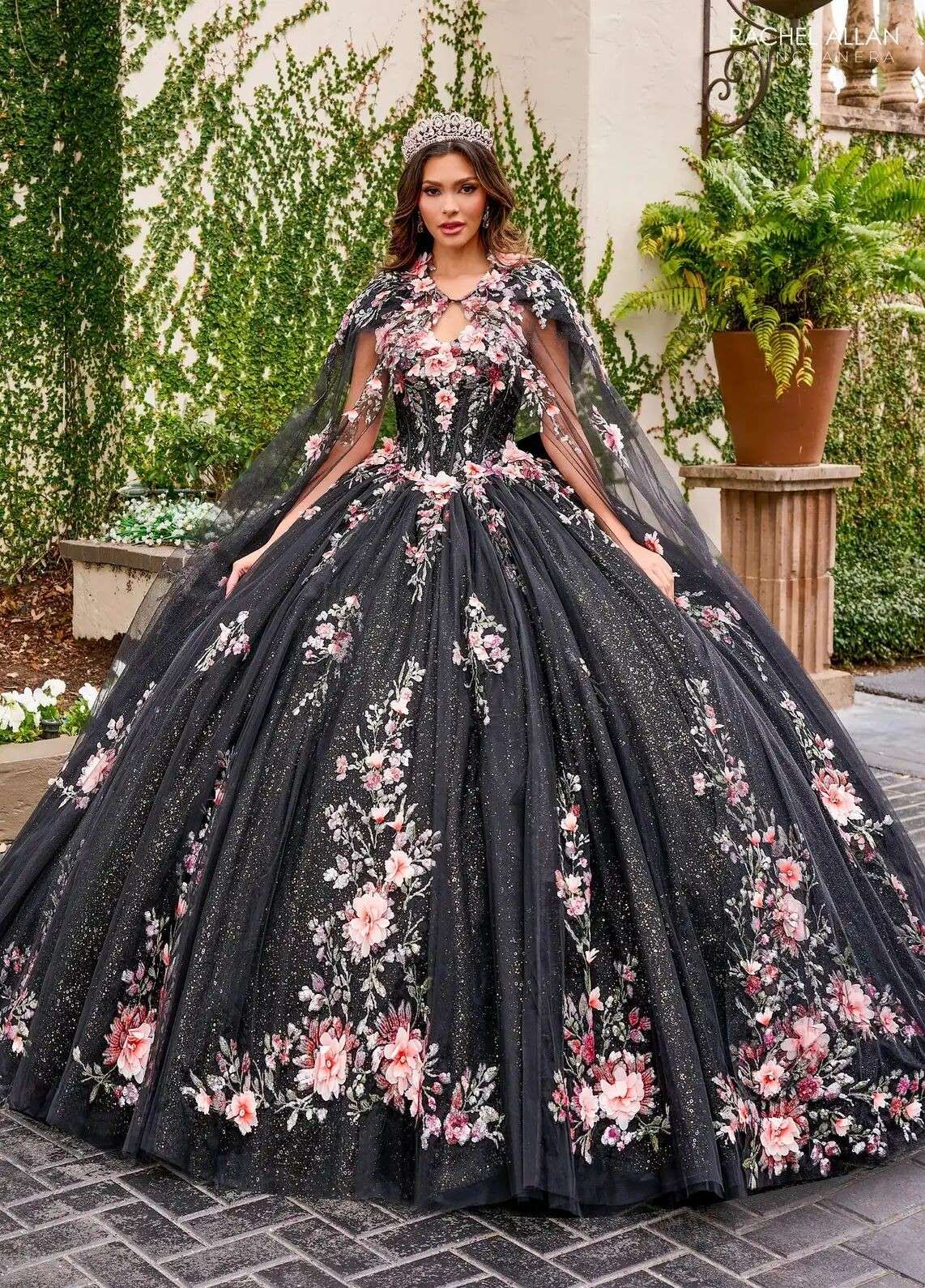 Black Multi Sweetheart Floor Length Tulle Quinceanera Ball Gown with Floral Applique Rachel Allan RQ3132