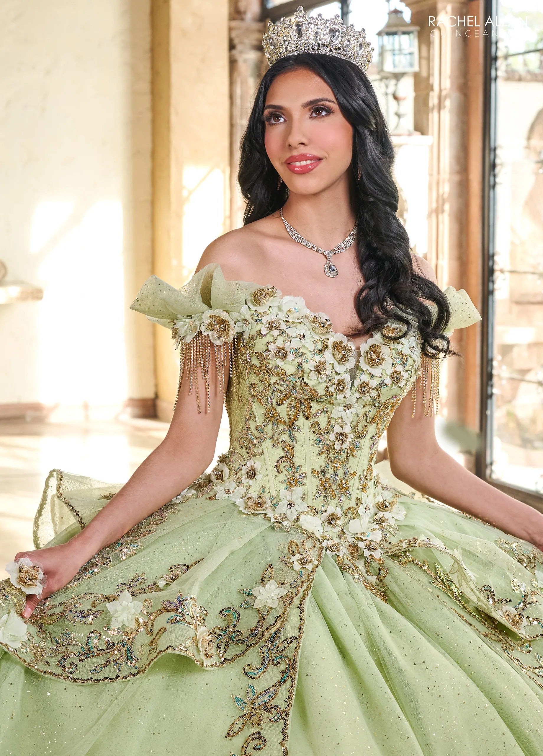 Sage Gold Sweetheart Floor Length Glitter Tulle Quinceanera Ball Gown Rachel Allan RQ3137