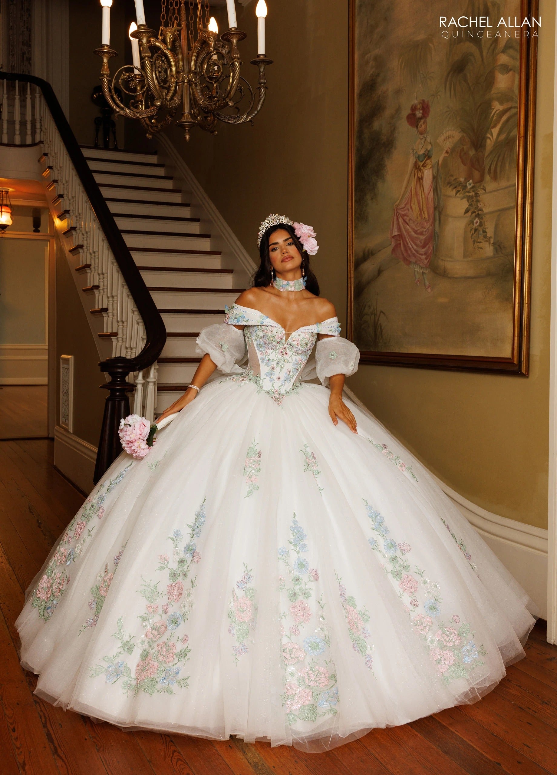 Off-the-Shoulder Floor-Length with T in Tulle Quinceañe Ball Gown Rachel Allan RQ3186