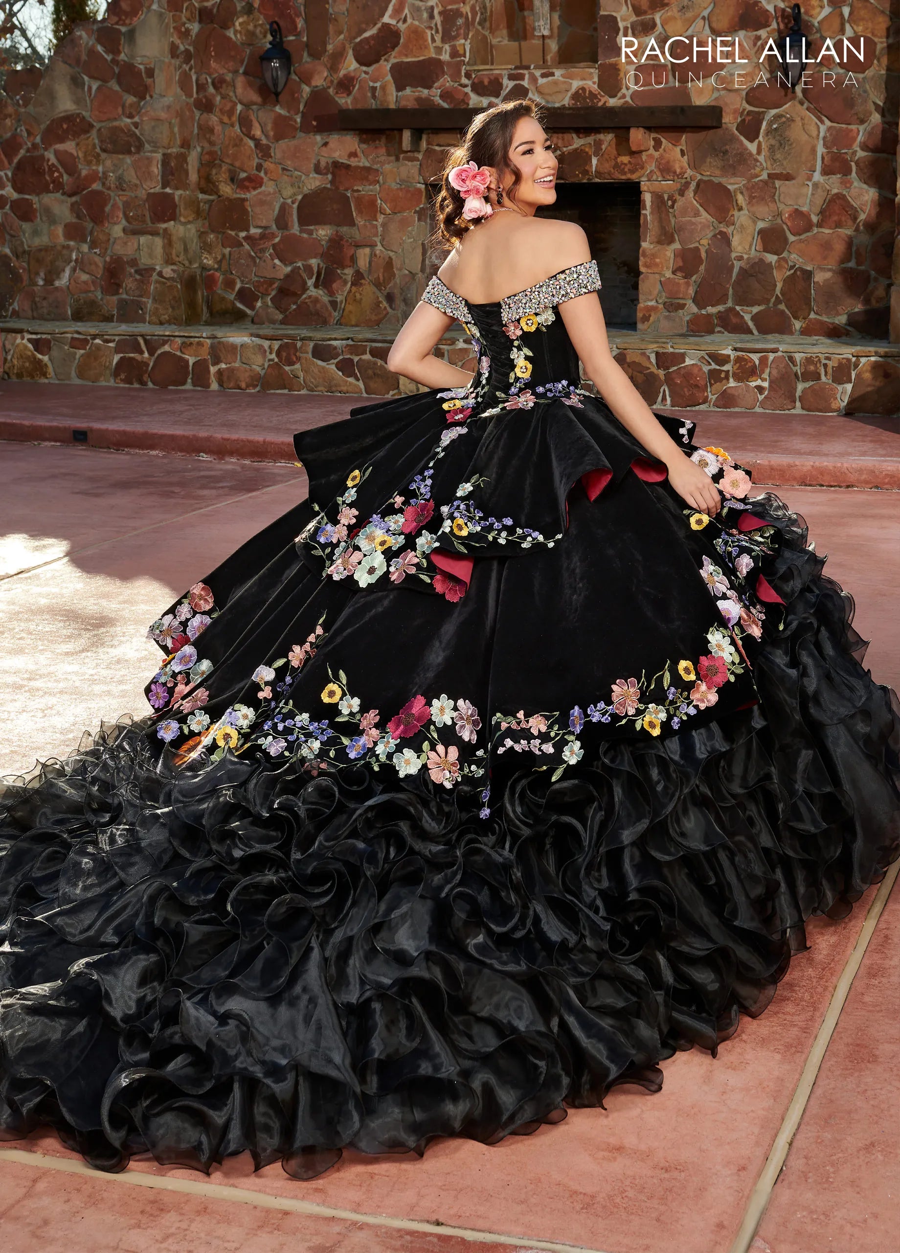 Black Multi Off-the-Shoulder Floor-Length Velvet Organza Quinceanera Ball Gown with Floral Applique Rachel Allan RQ3111