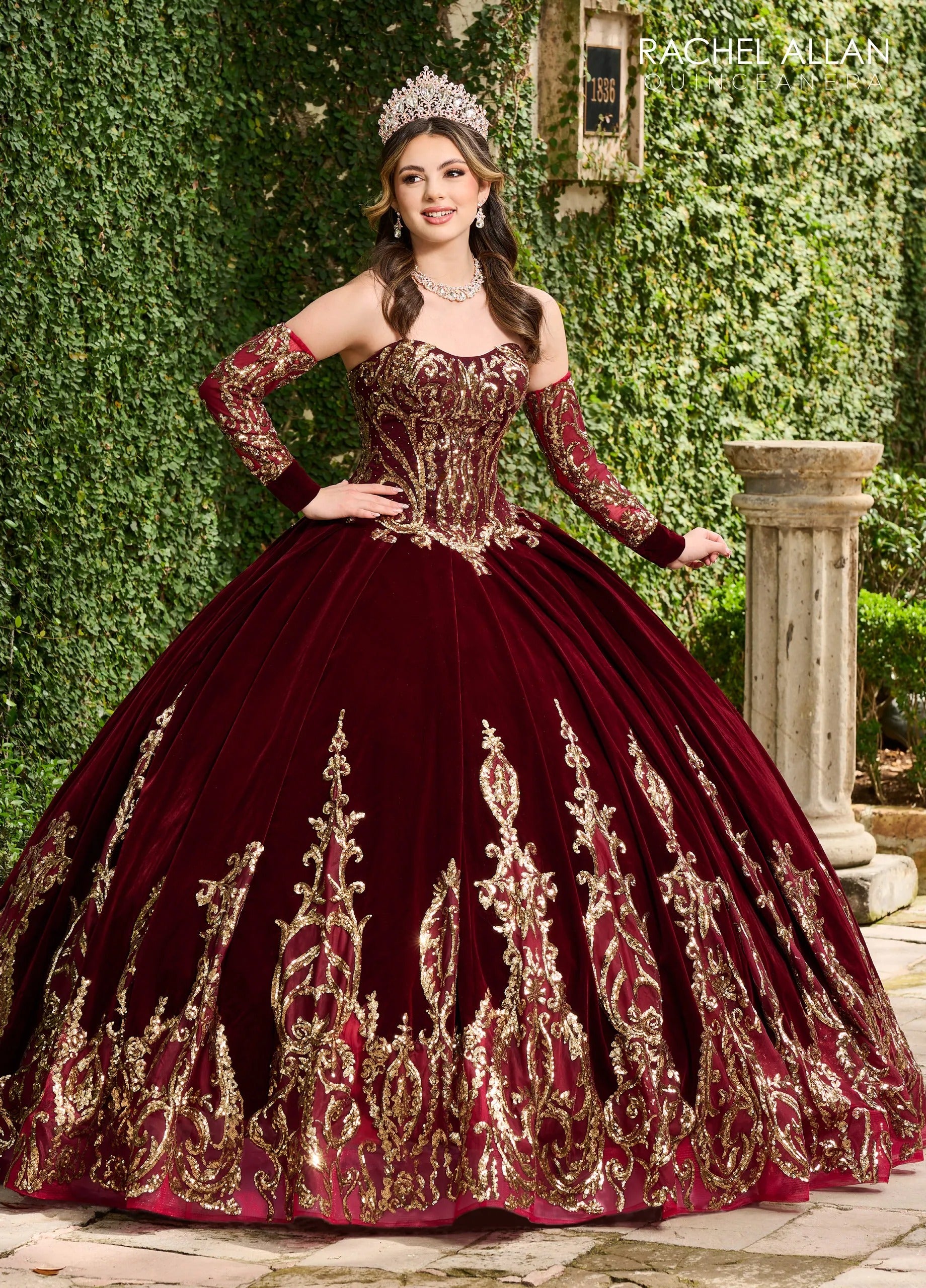 Burgundy Gold Strapless Floor-Length Luxe Velvet Quinceanera Ball Gown with Metallic Applique Rachel Allan MQ3051 Rachel Allan MQ3051