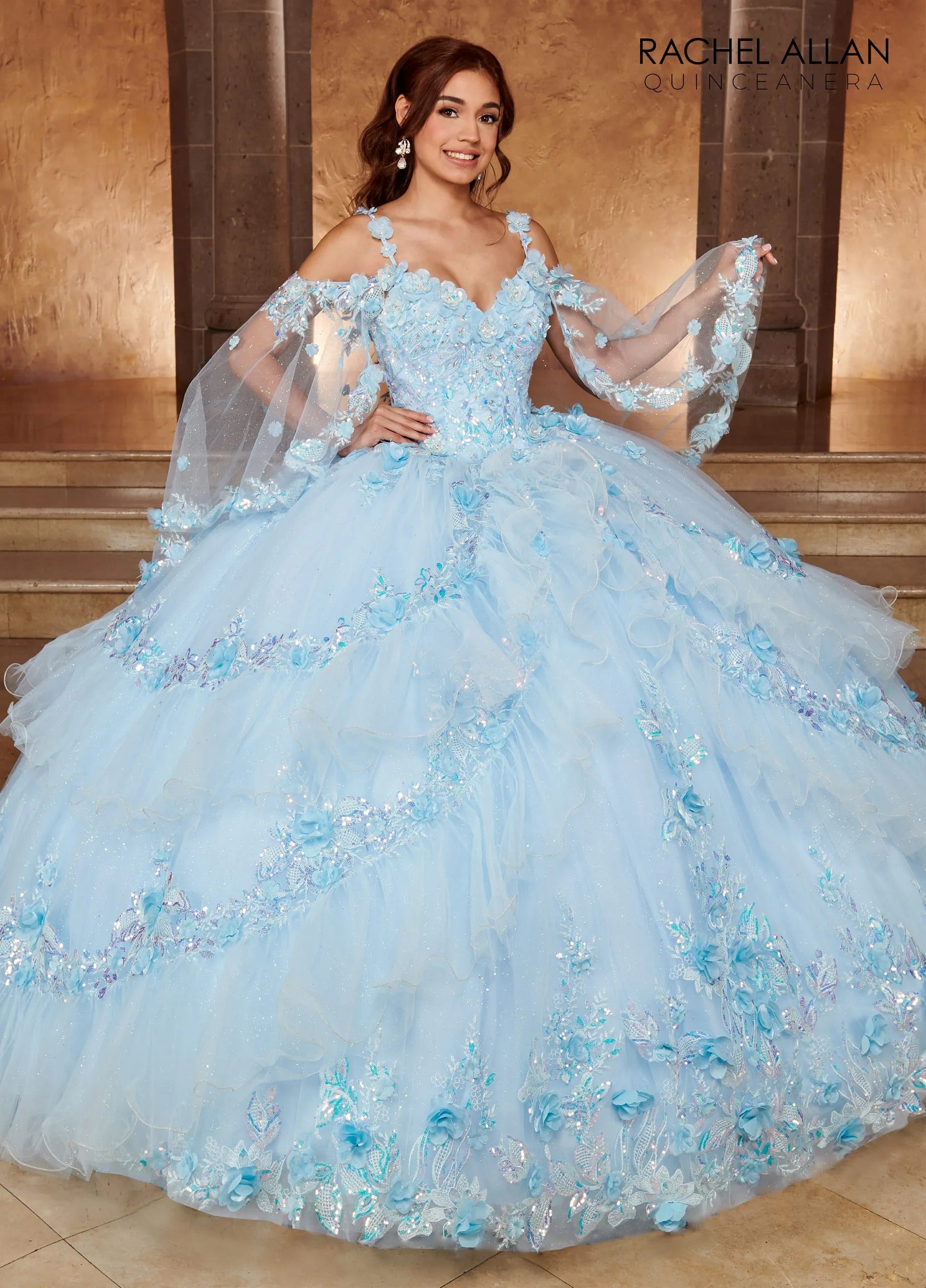 Light Blue Sweetheart Floor Length Glitter Tulle Quinceanera Ball Gown with Tiered Ruffle Skirt Rachel Allan RQ3103