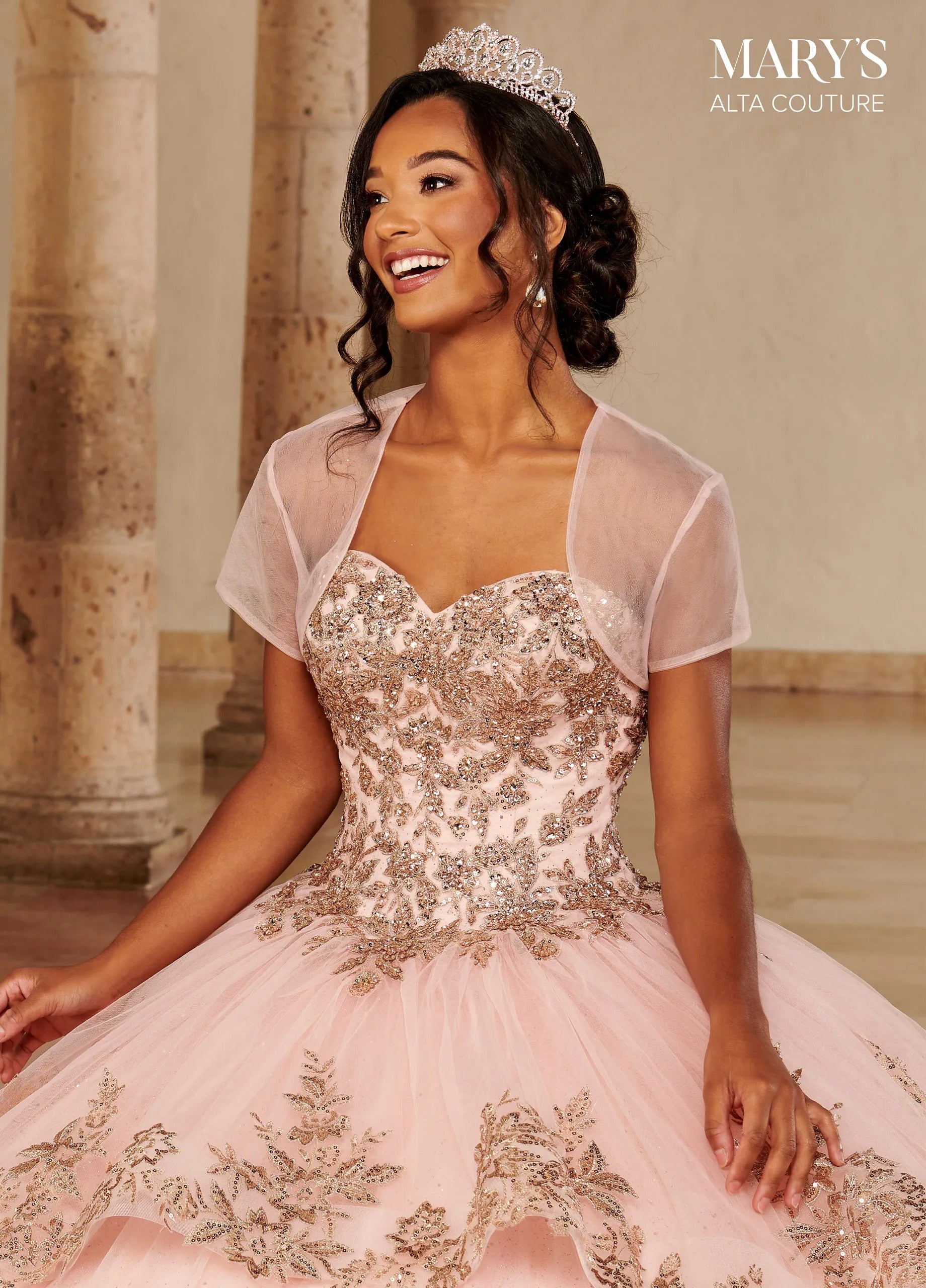 Blush Rose Gold Sweetheart Floor-Length Glitter Tulle Quinceanera Ball Gown with Matching Bolero Rachel Allan MQ3079