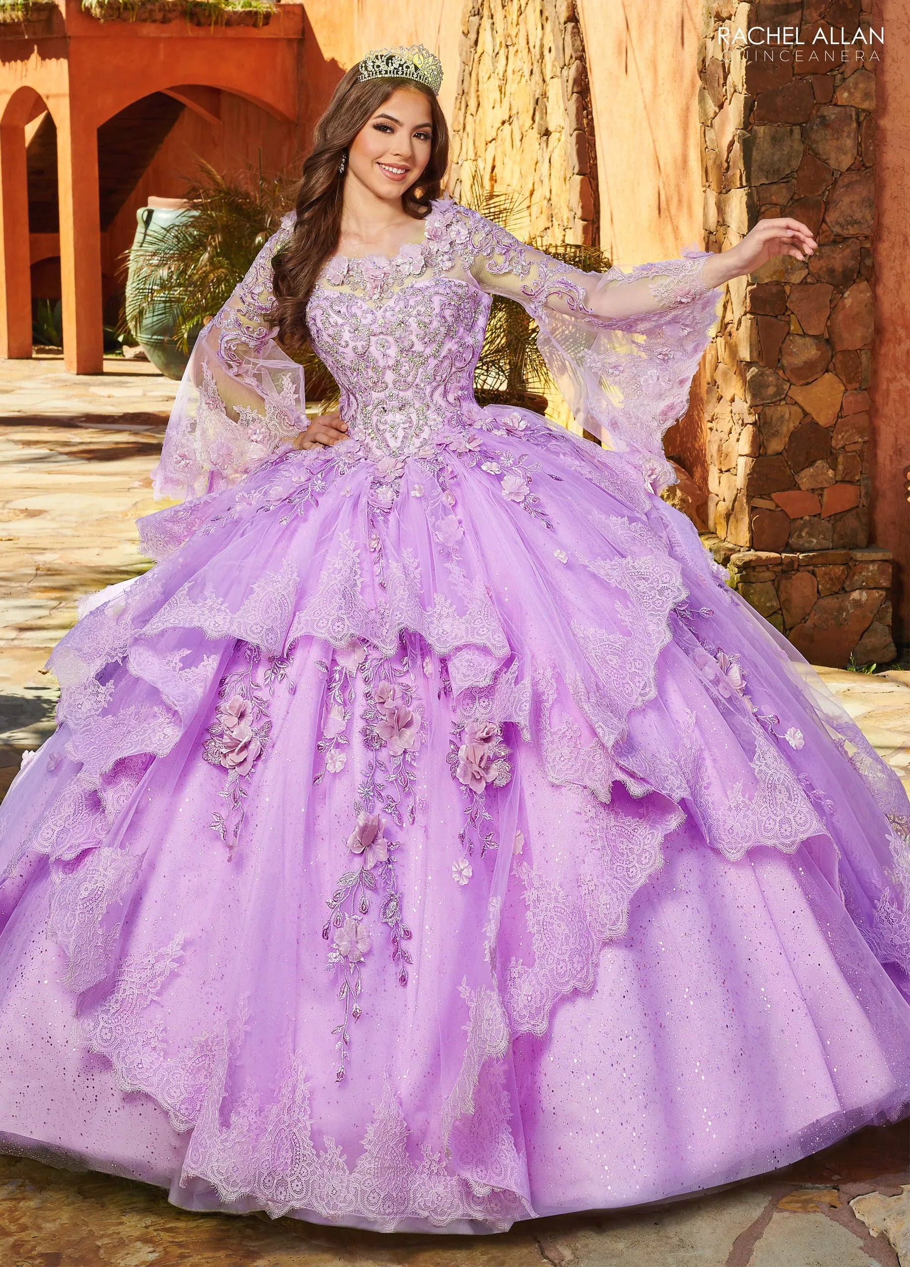 Lilac Sweetheart Floor Length Glitter Tulle Quinceanera Ball Gown with Ruffle Skirt  Rachel Allan MQ3088