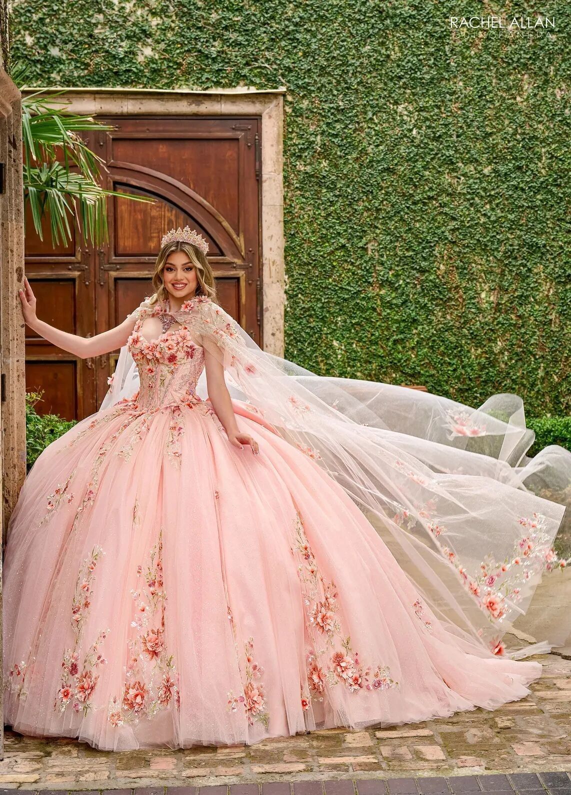 Blush Multi Sweetheart Floor Length Tulle Quinceanera Ball Gown with Floral Applique Rachel Allan RQ3132