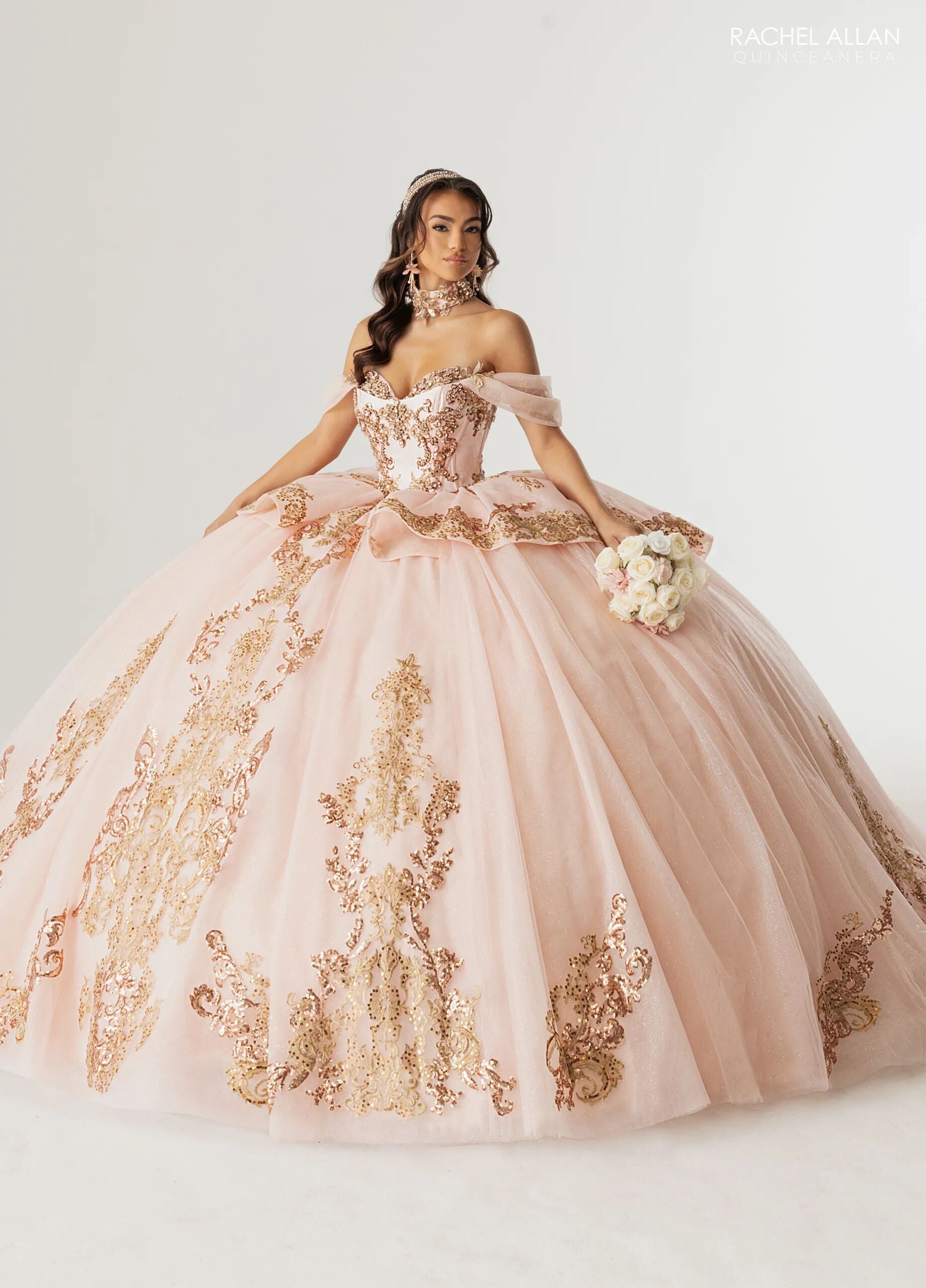 Blush Rose Gold Sweetheart Floor-Length Glitter Tulle Quinceañera Gown with Detachable Train Rachel Allan RQ3175