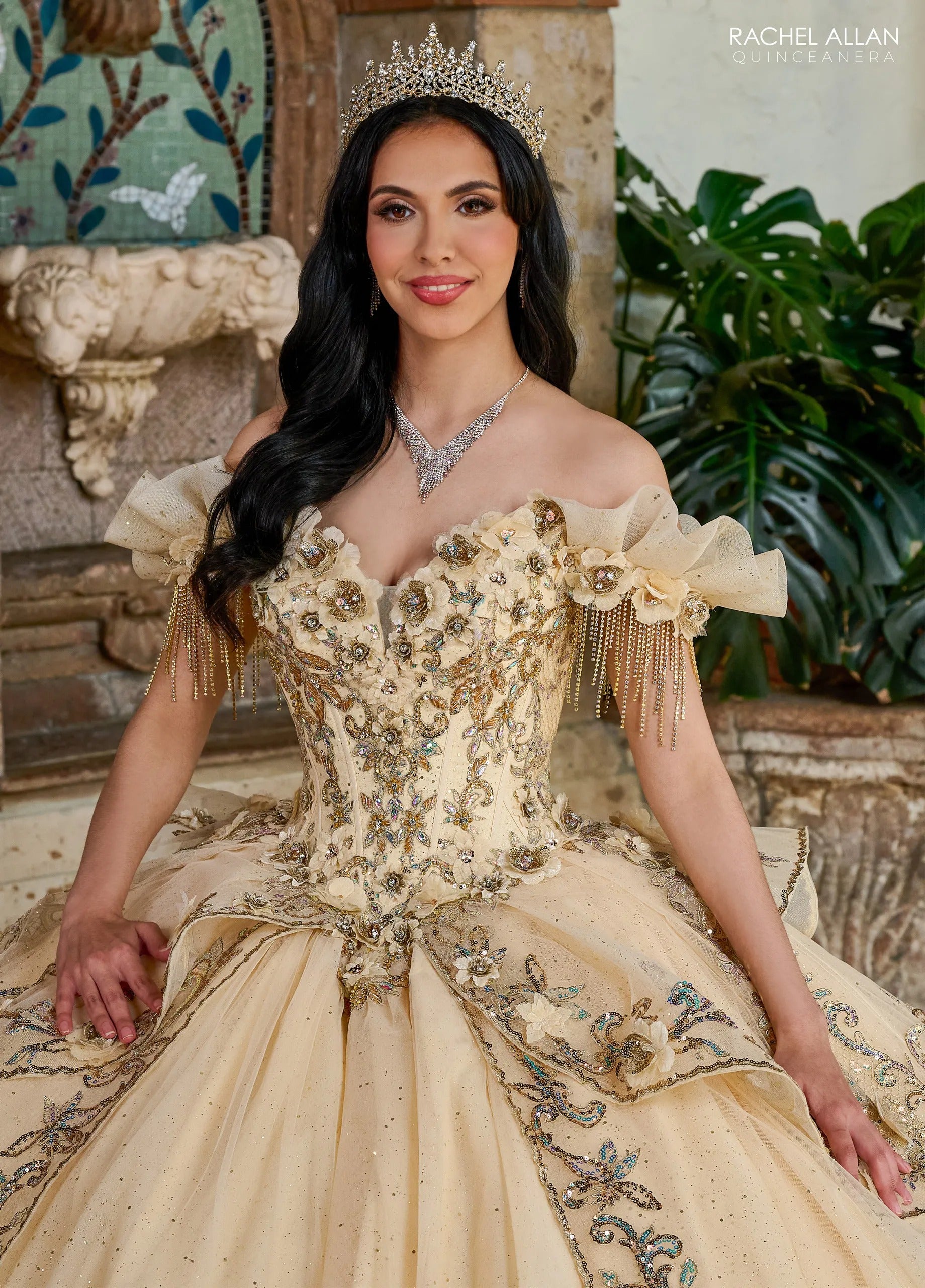 Champagne Gold Sweetheart Floor Length Glitter Tulle Quinceanera Ball Gown Rachel Allan RQ3137