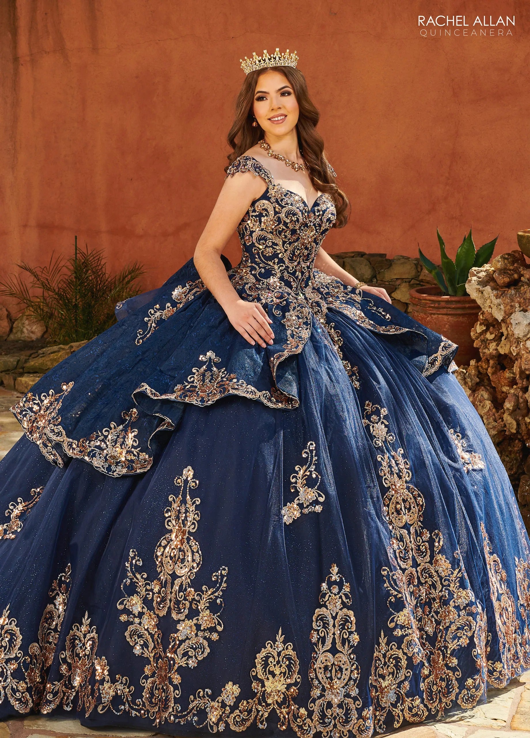 Navy Rose Gold Sweetheart Floor Length Glitter Tulle Quinceanera Ball Gown with Lace Skirt Overlay Rachel Allan MQ3093