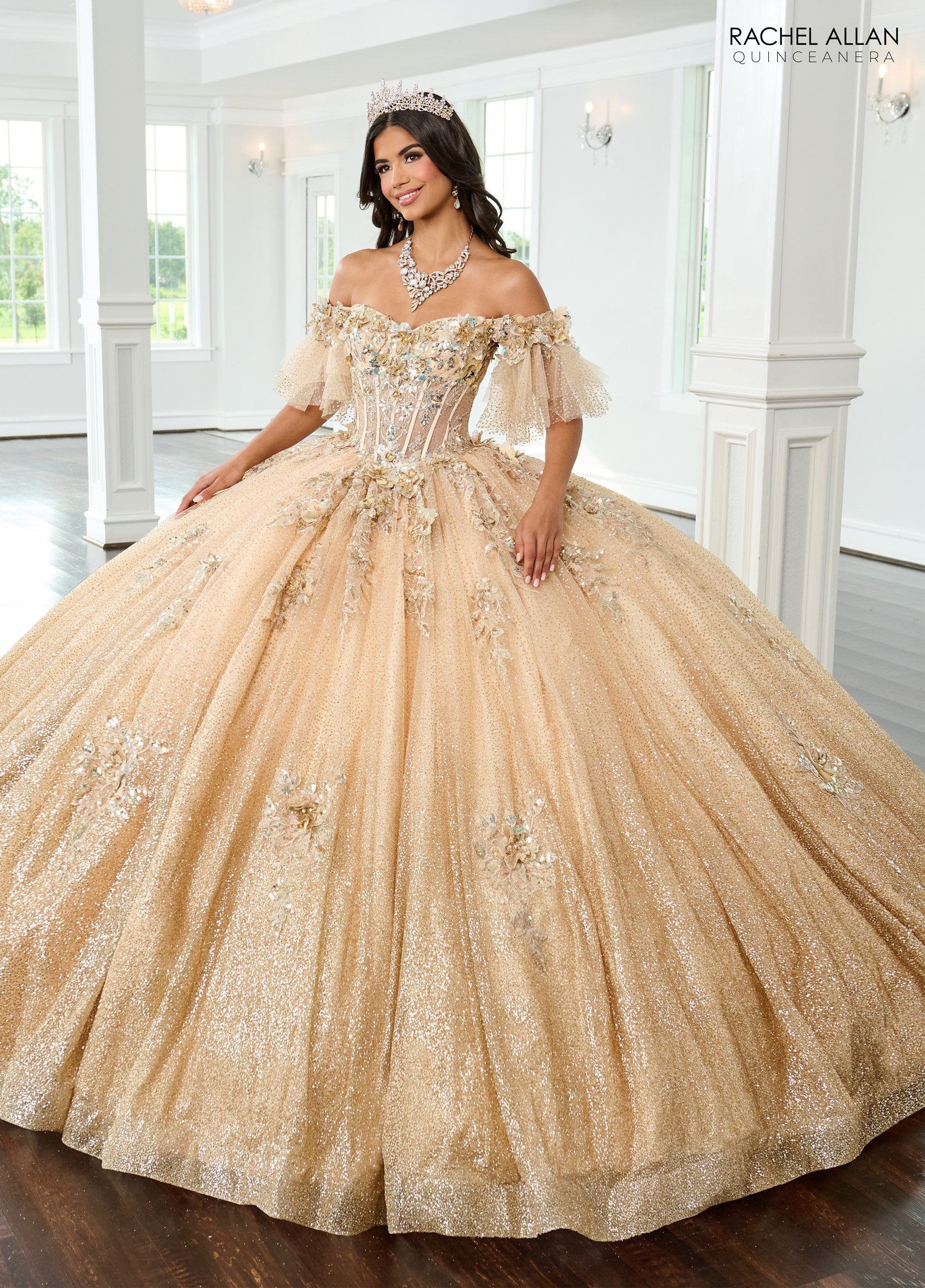 Rachel Allan RQ3150 Long Glitter Sweet 16 Floral Quinceanera Dress