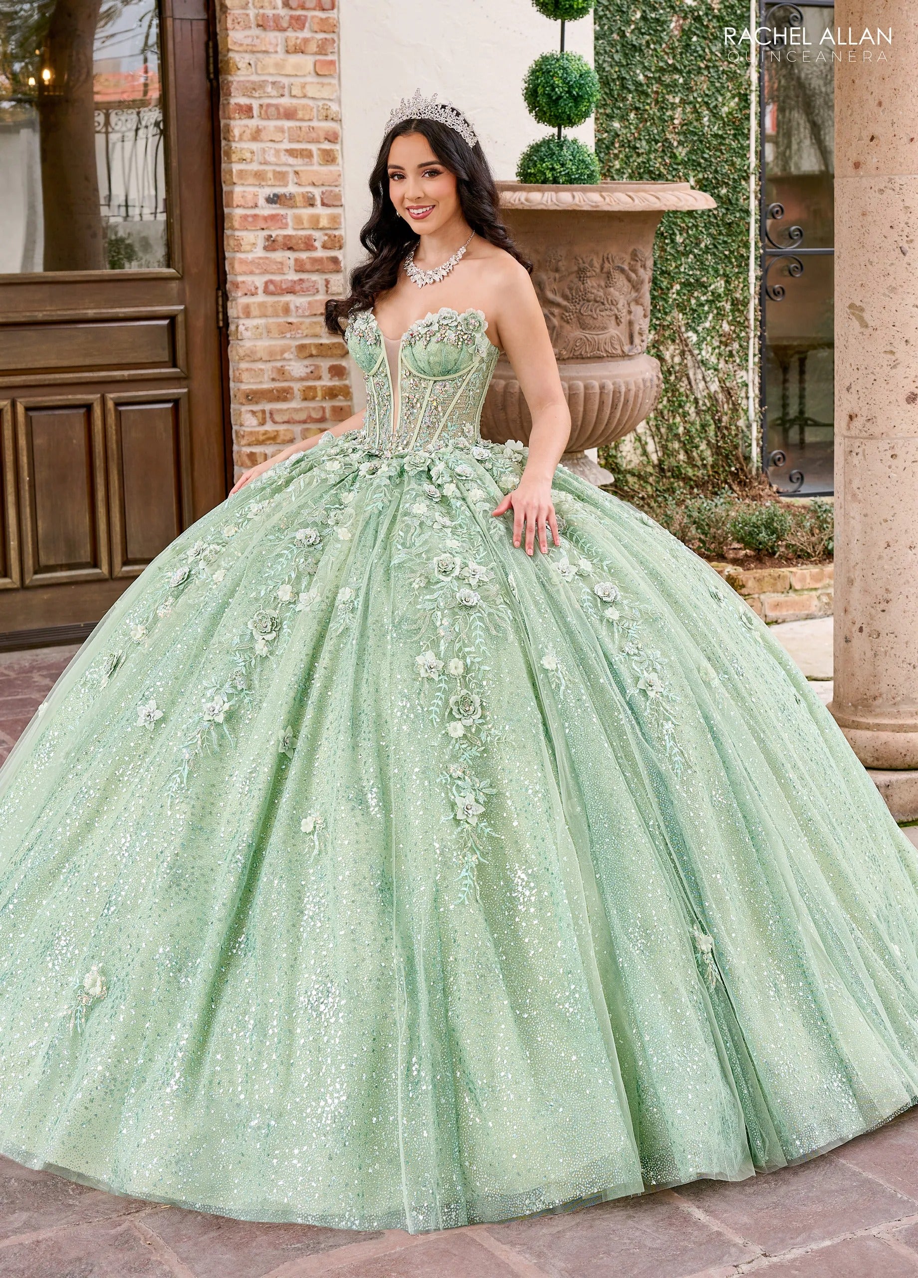 Sage Sweetheart Floor Length Sequin Tulle Quinceanera Ball Gown with Floral Applique Rachel Allan RQ3135