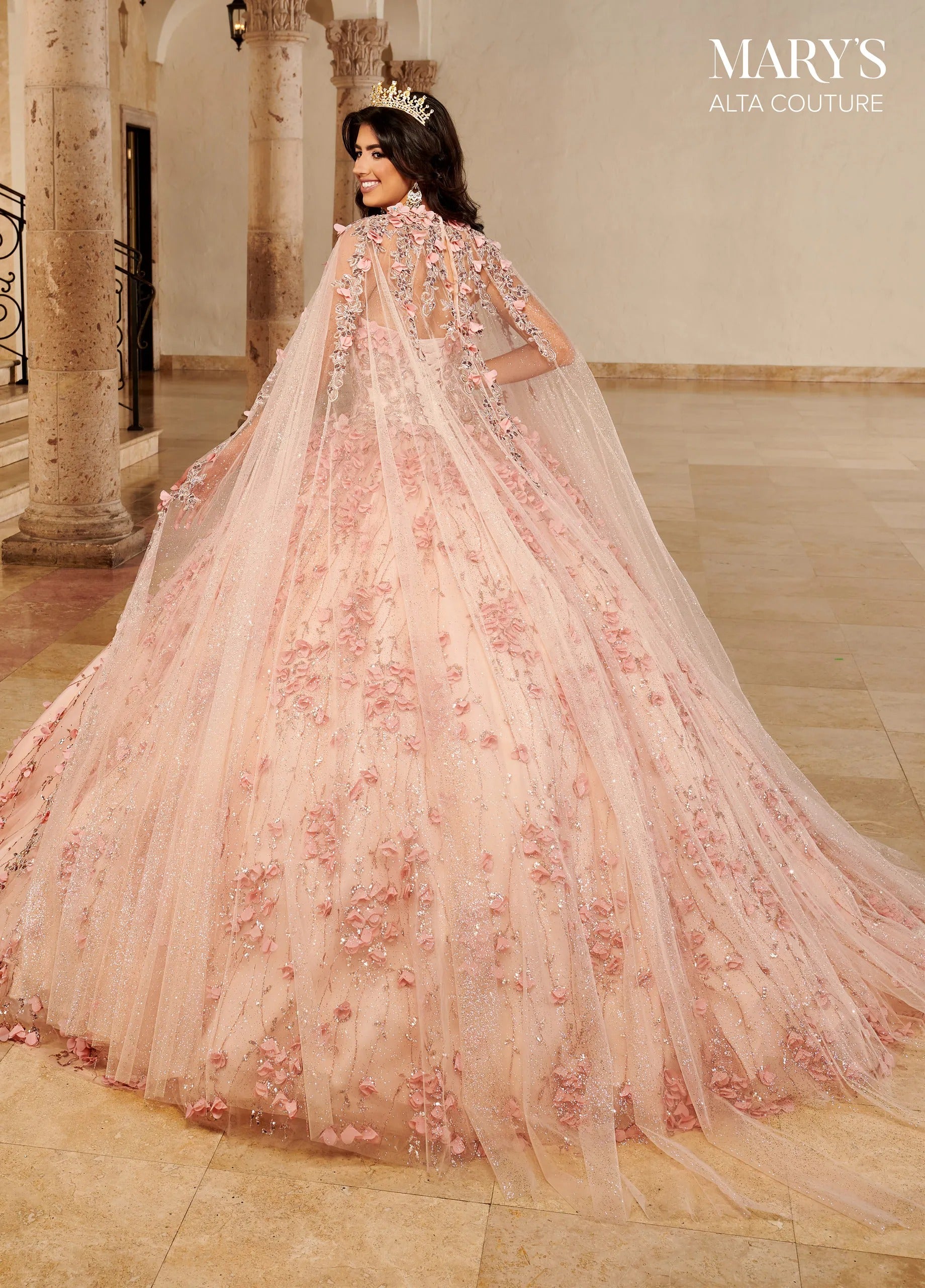 Blush Strapless Floor-Length Glitter Tulle Quinceanera Ball Gown with Matching Cape Rachel Allan MQ3075 Rachel Allan MQ3075