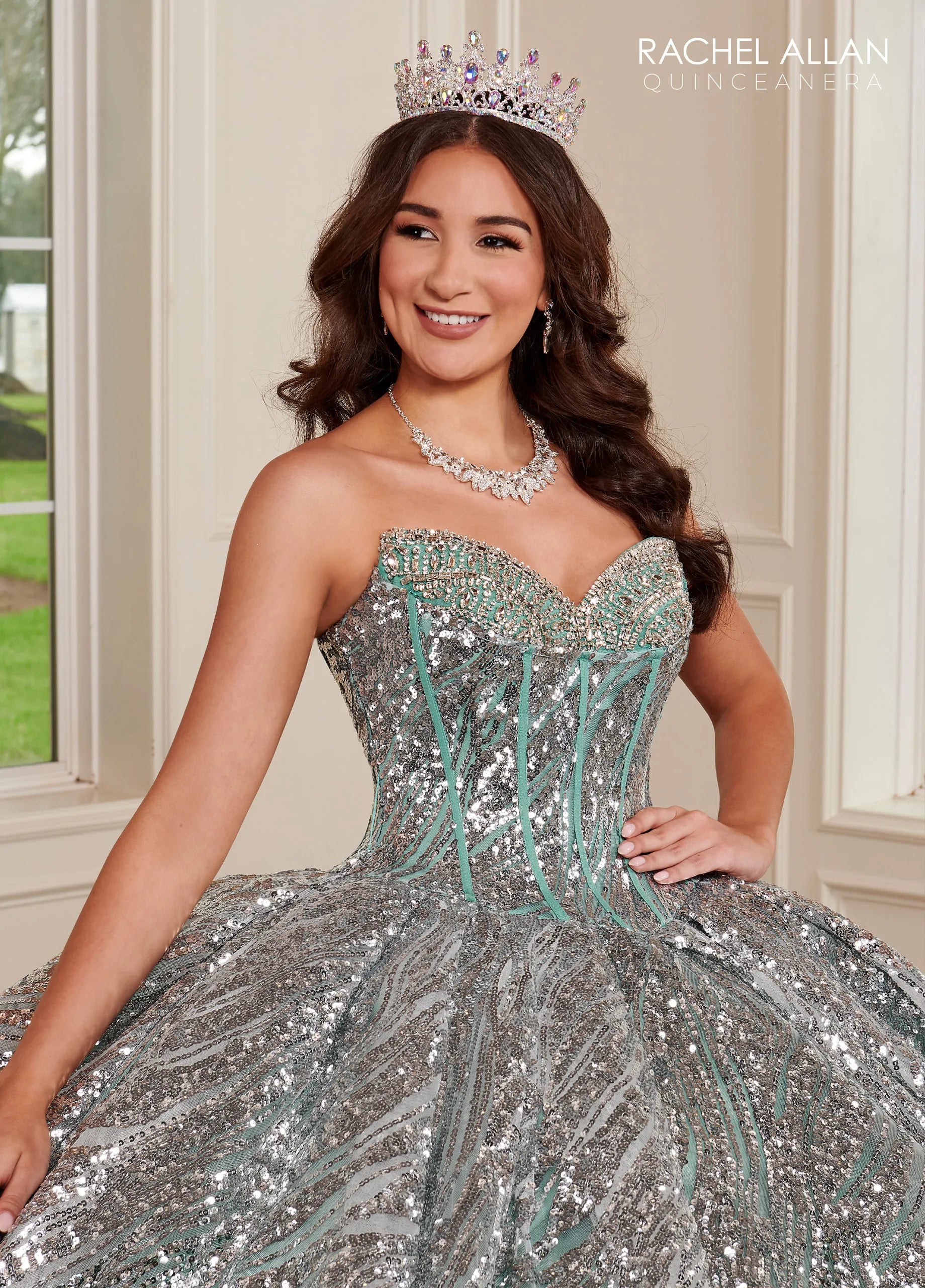 Silver Sage Strapless Floor-Length Sequin Tulle Quinceañera Ball Gown with Beaded Flowers Rachel Allan RQ3121