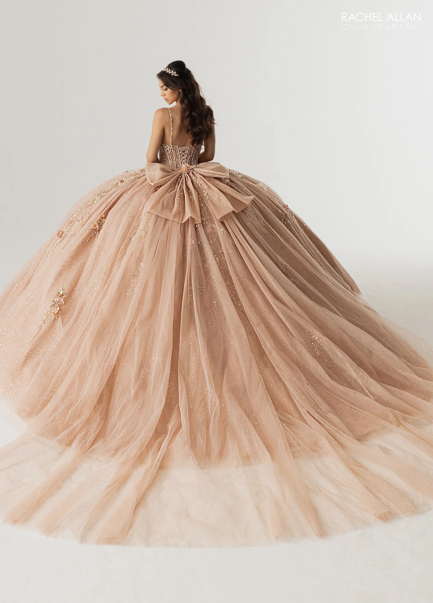Nude Rose Gold Sweetheart Glitter Tulle Quinceañera Train Rachel Allan RQ3170