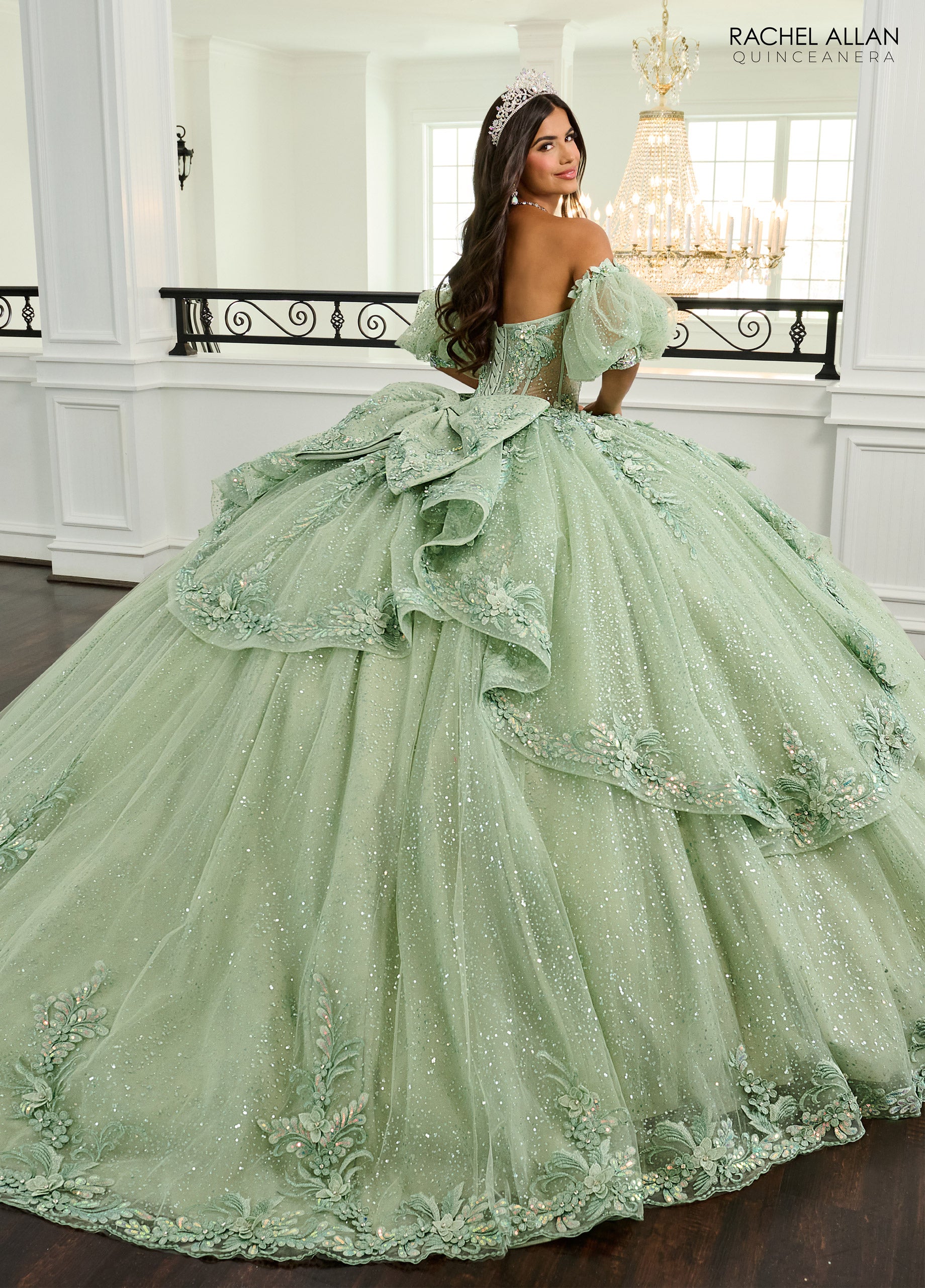 Quinceniera Dresses Long Ball Gown 3D Flower Glitter Quinceanera Dress Sage