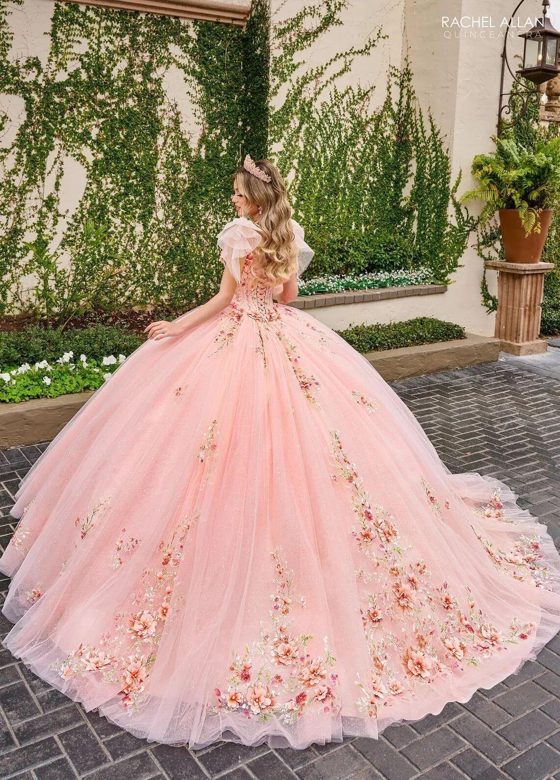 Blush Multi Sweetheart Floor Length Tulle Quinceanera Ball Gown with Floral Applique Rachel Allan RQ3132