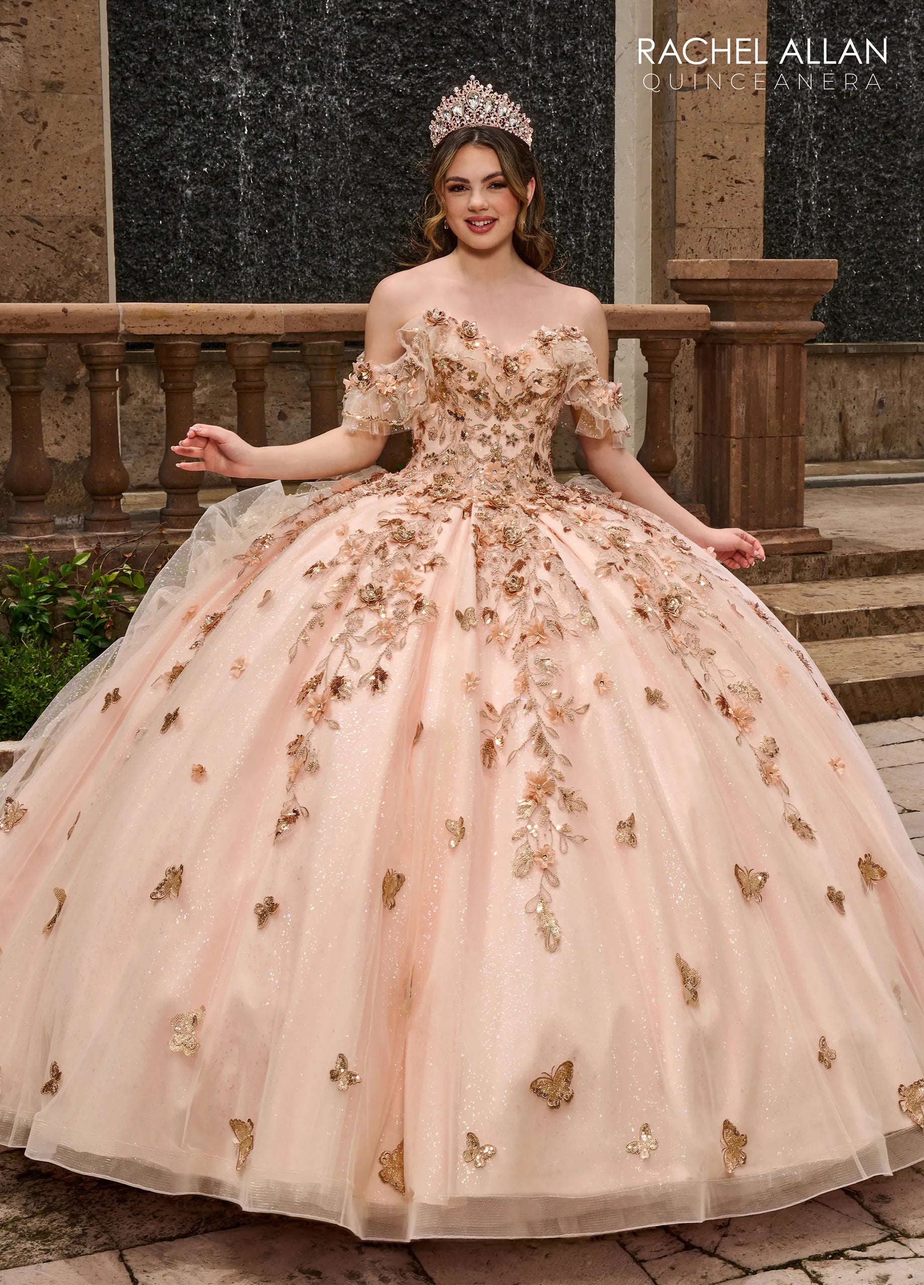 Blush Rose Gold Off-the-Shoulder Floor-Length Glitter Tulle Quinceañera Ball Gown with Beaded 3D Flowers Rachel Allan RQ3120