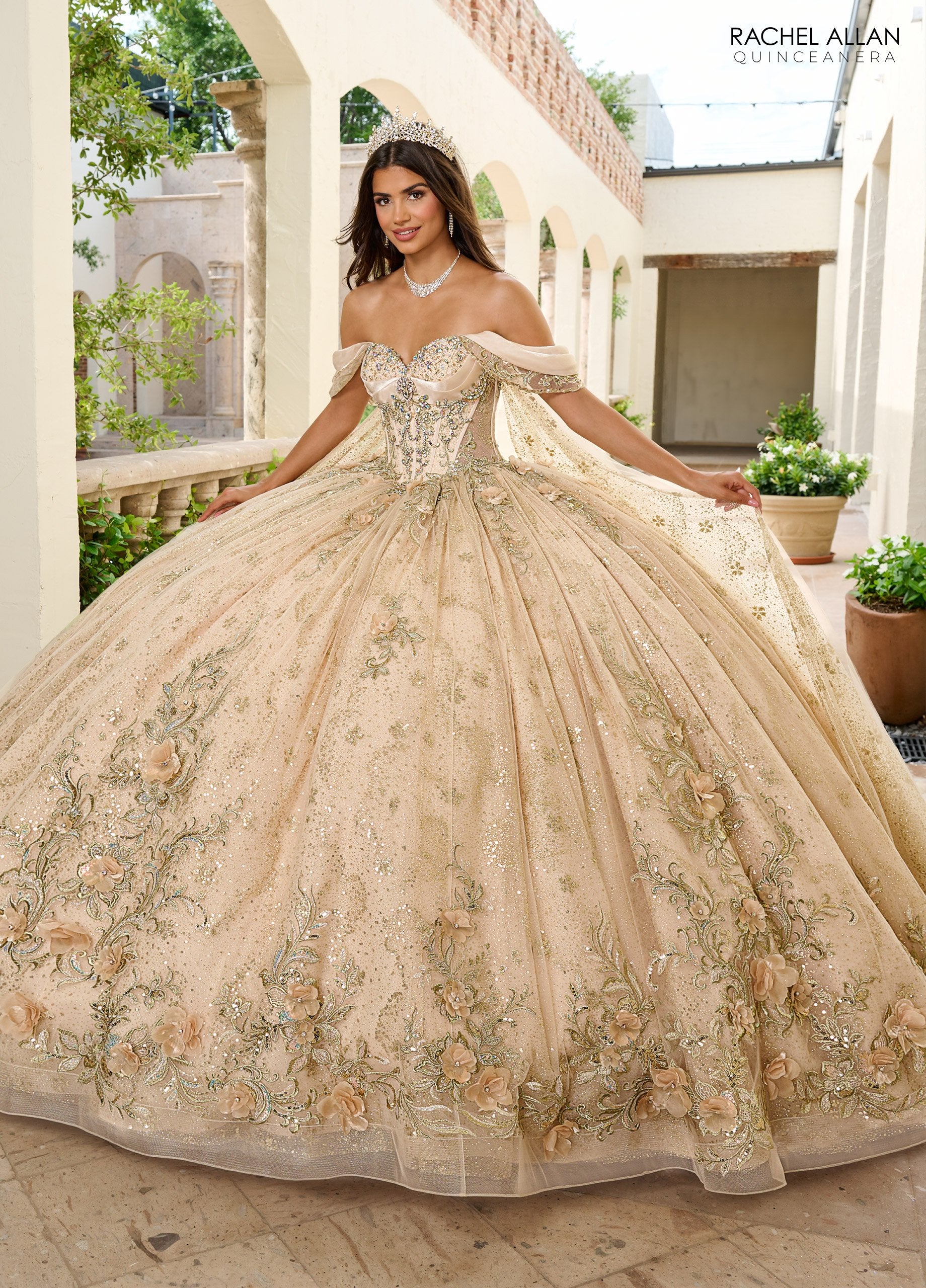 Rachel Allan RQ3146 Ball Gown Long Glitter Overskirt Quinceanera Dress - Champagne Gold / 4 Rachel Allan RQ3146 Ball Gown Long Glitter Overskirt Quinceanera Dress - Champagne Gold / 4