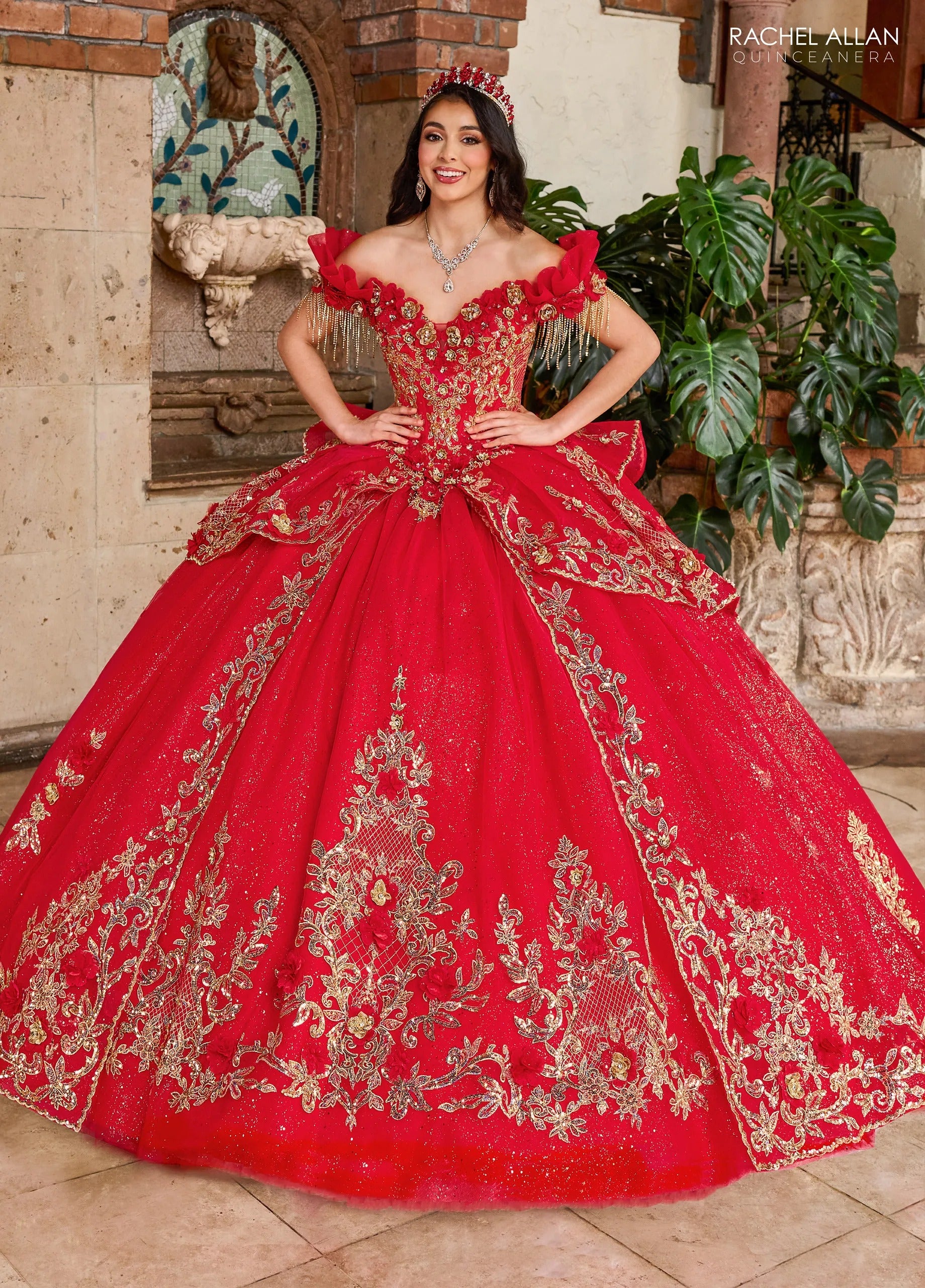 Red Gold Sweetheart Floor Length Glitter Tulle Quinceanera Ball Gown Rachel Allan RQ3137
