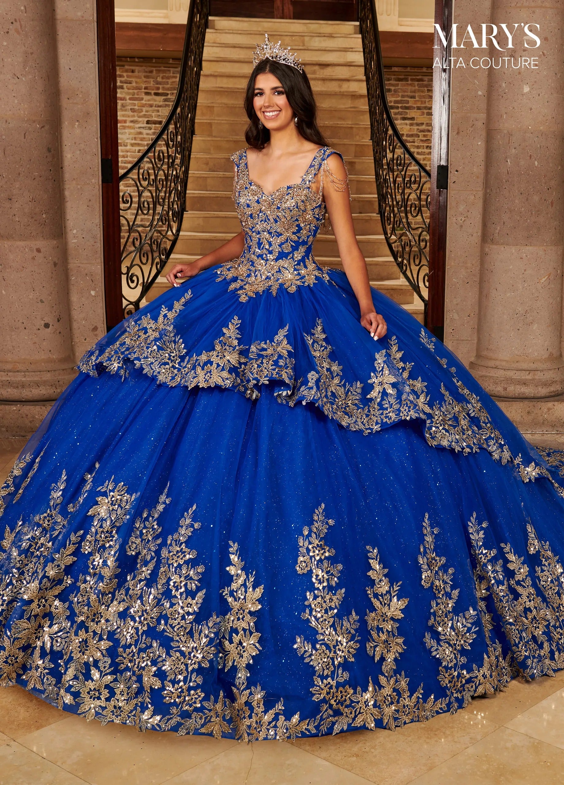 Royal Gold Sweetheart Floor-Length Glitter Tulle Quinceanera Ball Gown with Matching Bolero Rachel Allan MQ3079