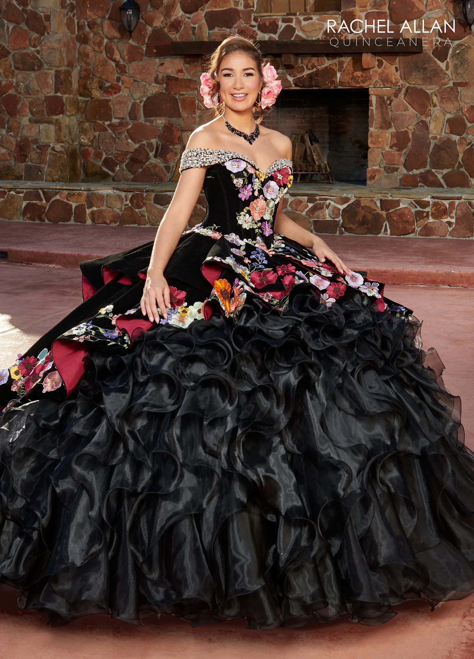 Black Multi Off-the-Shoulder Floor-Length Velvet Organza Quinceanera Ball Gown with Floral Applique Rachel Allan RQ3111