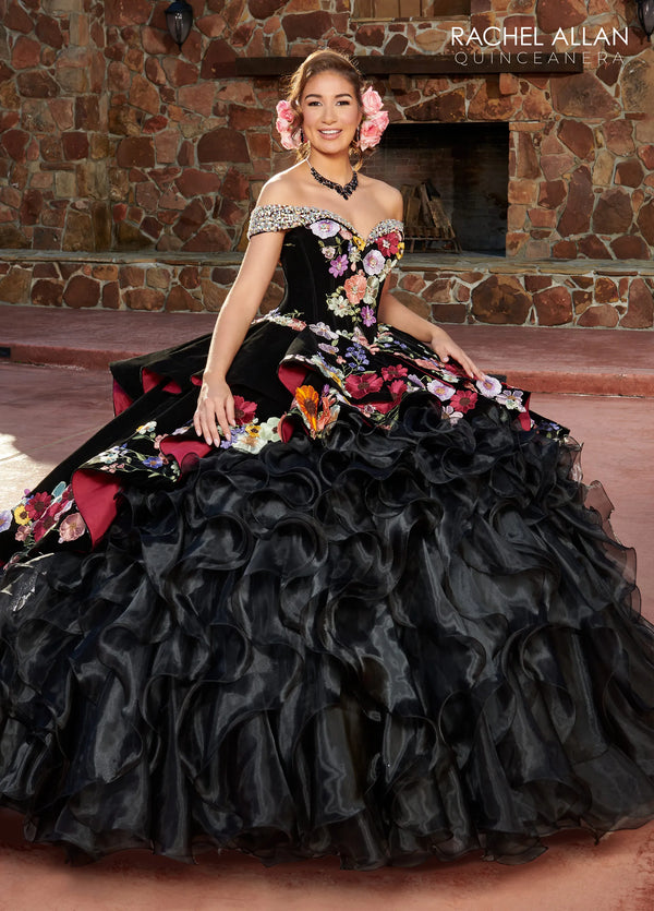 Off-the-Shoulder Floor-Length Velvet Organza Quinceanera Ball Gown Floral Applique Rachel Allan RQ3111