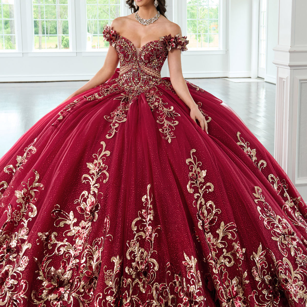 red and gold quinceanera dresses for damas Rachel Allan RQ3145 Off Shoulder Quinceanera Dress