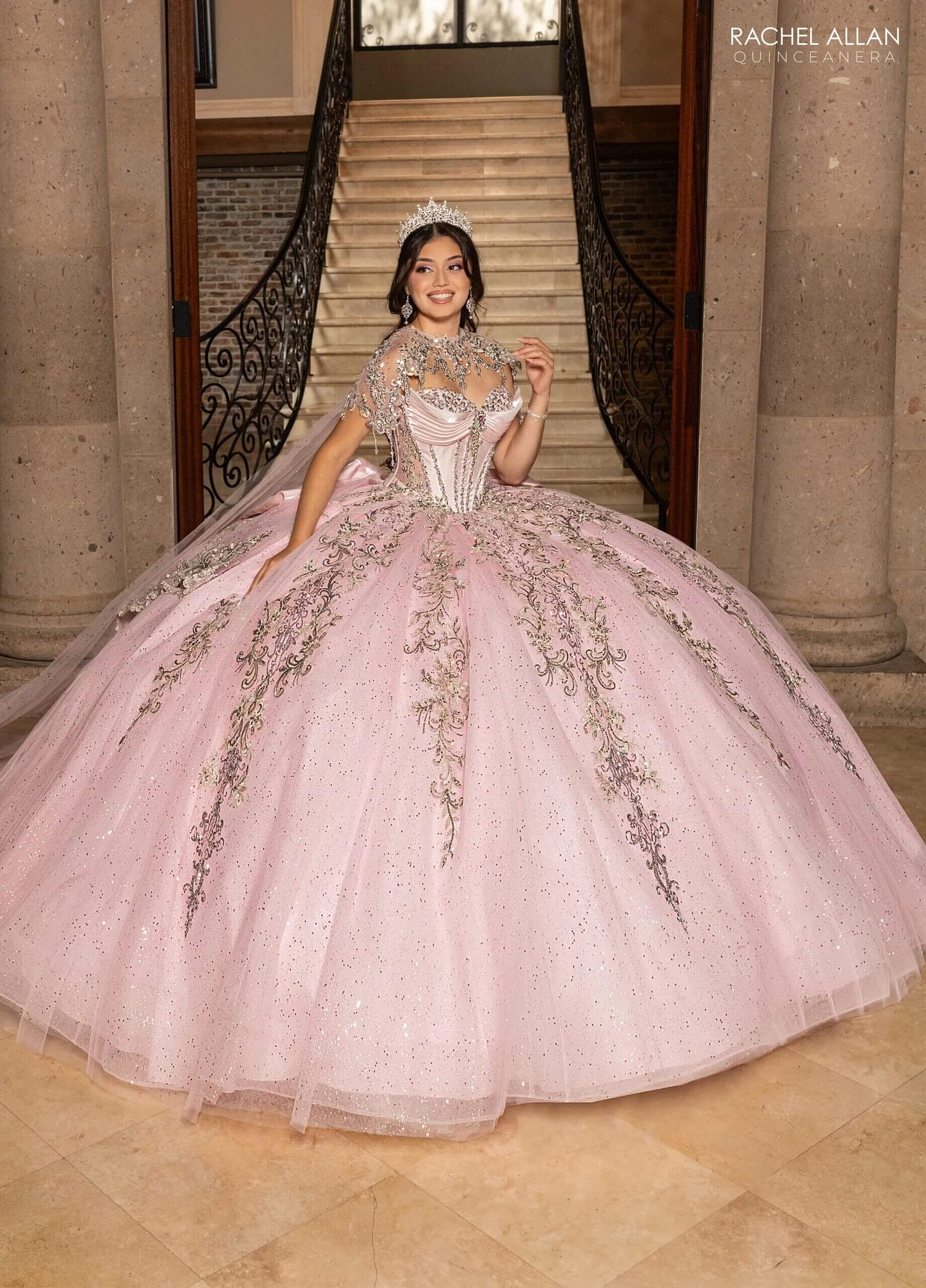 Pink Silver Strapless Floor-Length Glitter Tulle Quinceañera Gown with Detachable Train and Bow Rachel Allan RQ3172