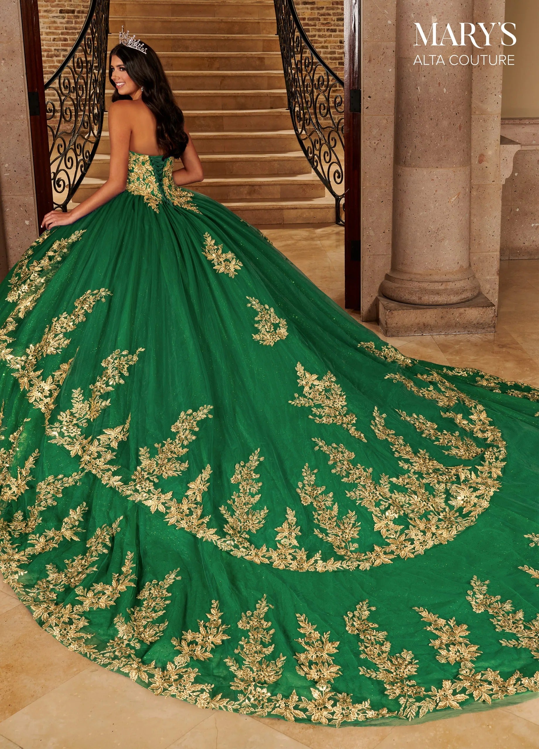 Emerald Gold Sweetheart Floor-Length Glitter Tulle Quinceanera Ball Gown with Matching Bolero Rachel Allan MQ3079
