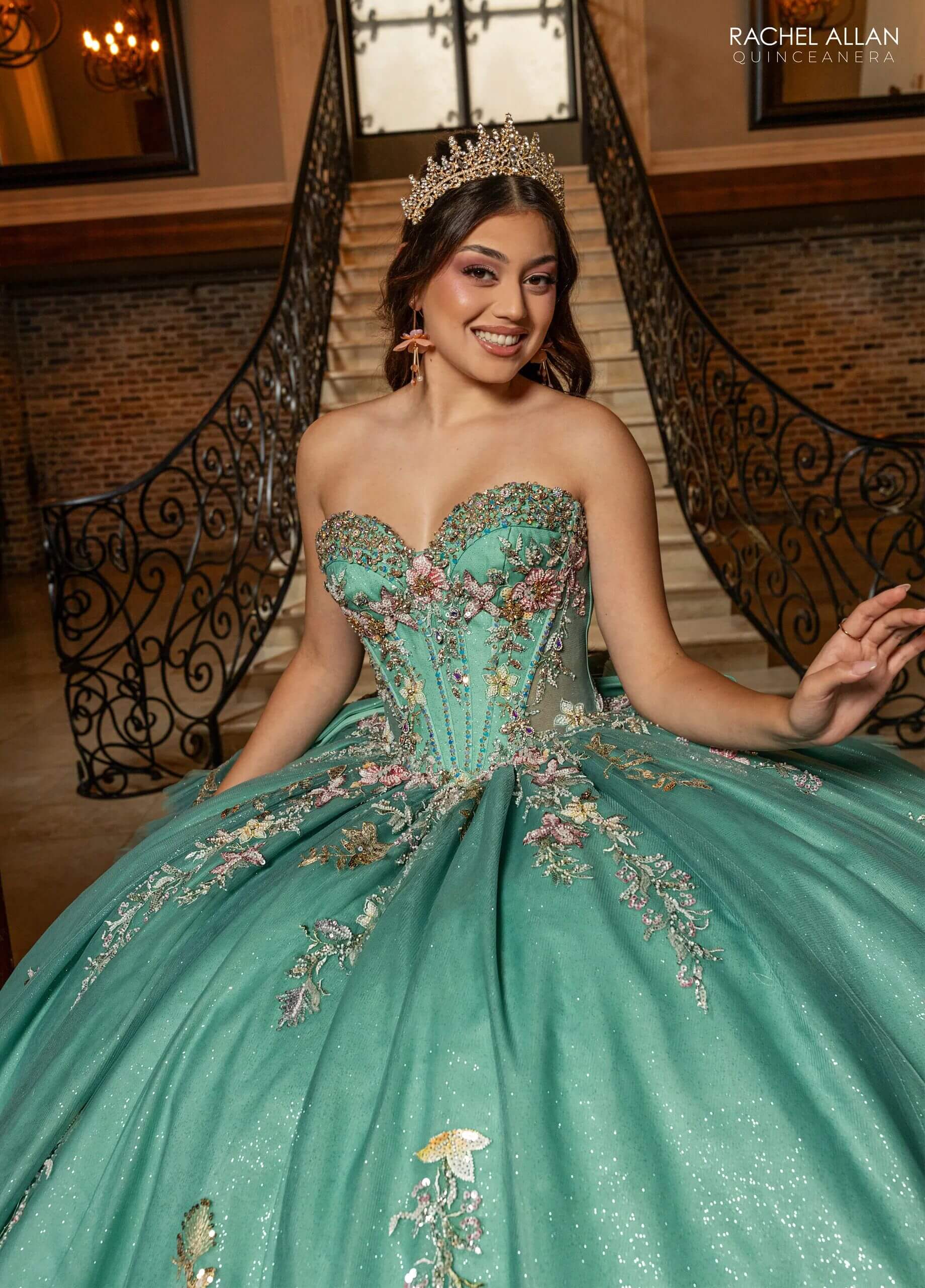 Light Jade Multi Sweetheart Floor-Length Glitter Tulle Quinceañera Gown with Detachable Train and Bow Rachel Allan RQ3174