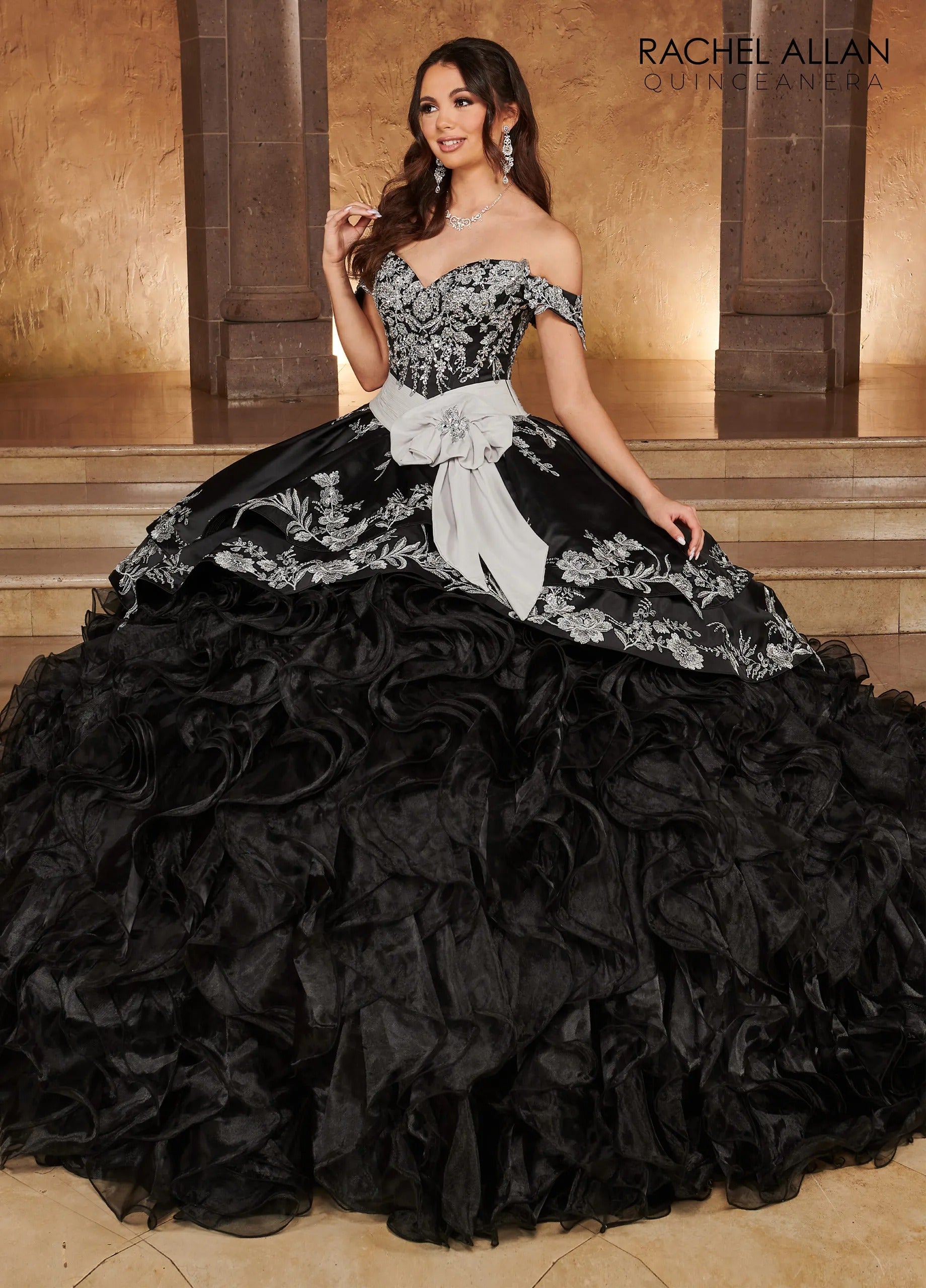 Black Silver Sweetheart Floor Length Satin Quinceanera Ball Gown with Ruffle Skirt Rachel Allan RQ3104
