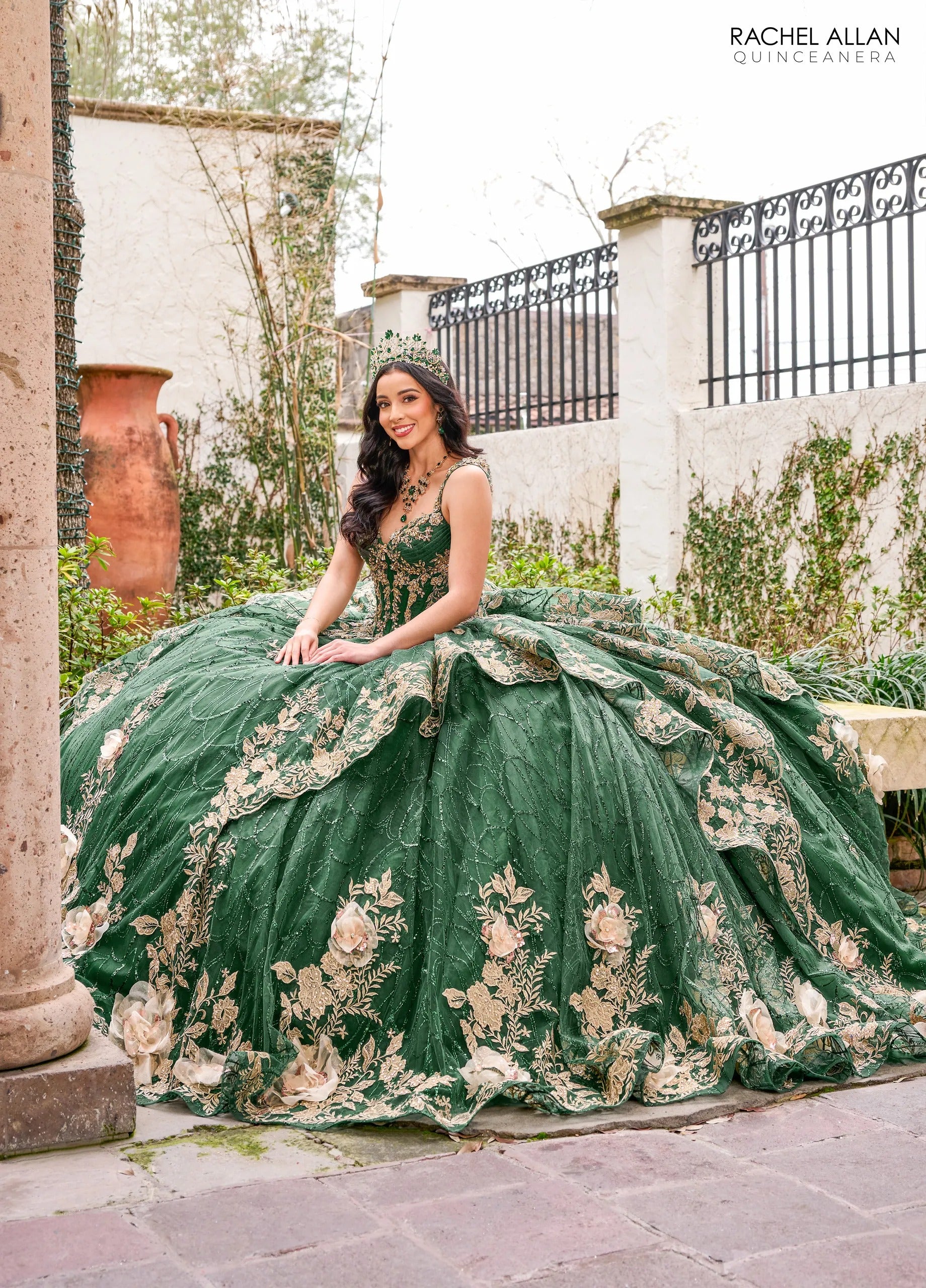 Emerald Gold V Neck Floor Length Glitter Tulle Quinceanera Ball Gown with 3D Floral Applique Rachel Allan RQ3140
