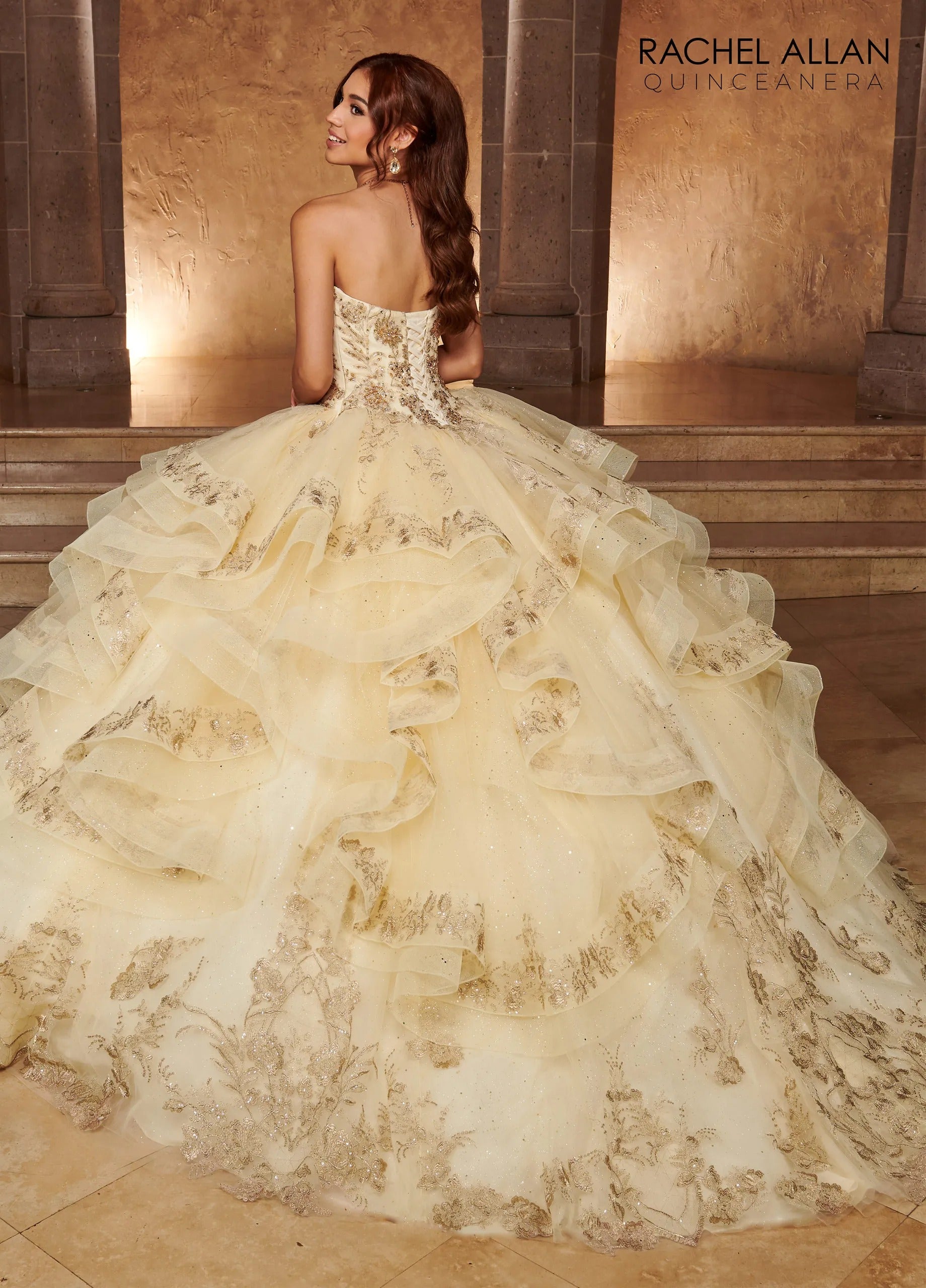 Champagne Rose Gold Sweetheart Floor Length Glitter Tulle Quinceanera Ball Gown with Ruffle Skirt Rachel Allan RQ3107