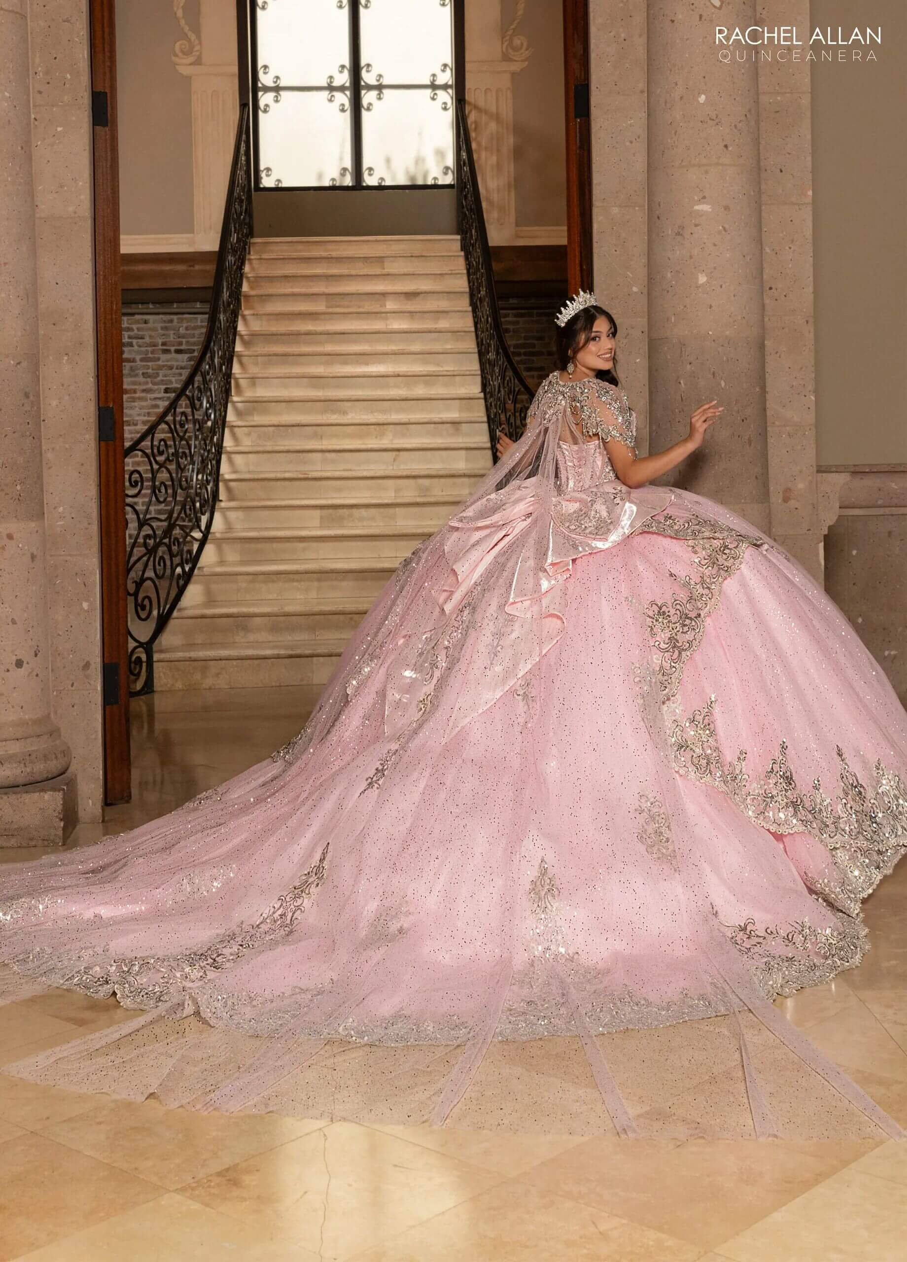 Pink Silver Strapless Floor-Length Glitter Tulle Quinceañera Gown with Detachable Train and Bow Rachel Allan RQ3172