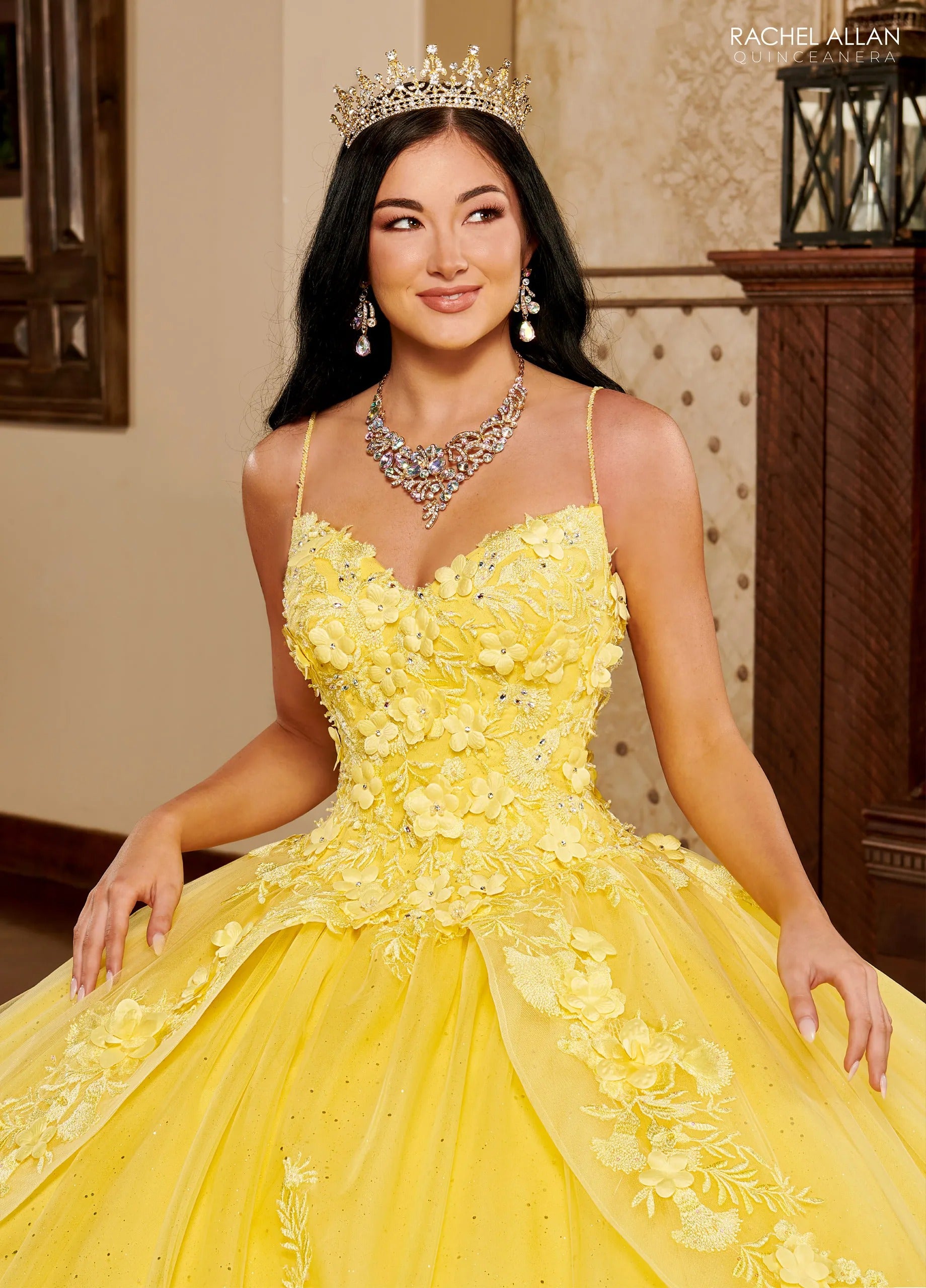 Yellow Sweetheart Floor Length Glitter Tulle Quinceanera Ball Gown with 3D Floral Appliques Rachel Allan MQ3098