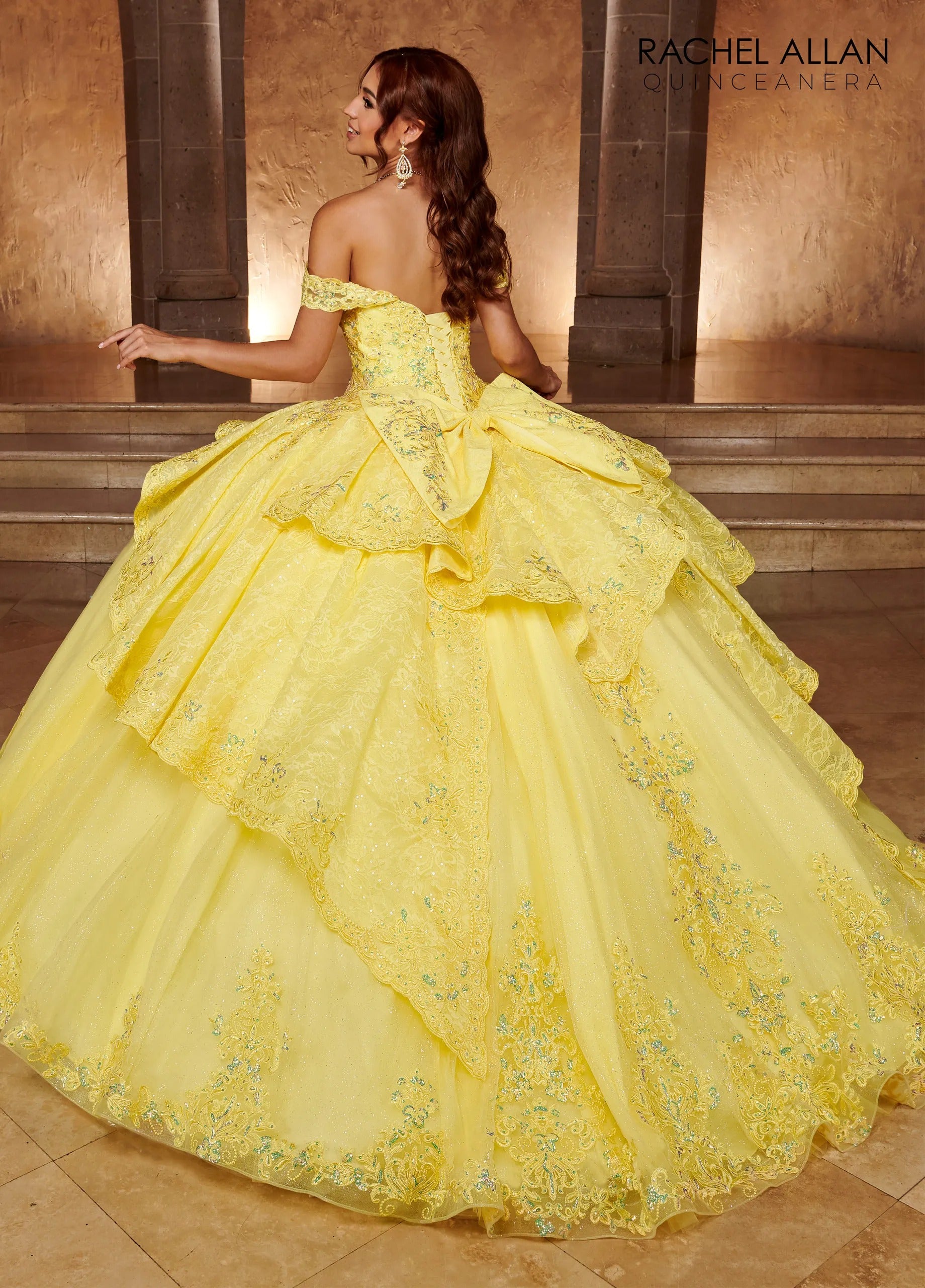 Yellow Sweetheart Floor Length Glitter Tulle Quinceanera Ball Gown with Lace Bodice Rachel Allan RQ3105