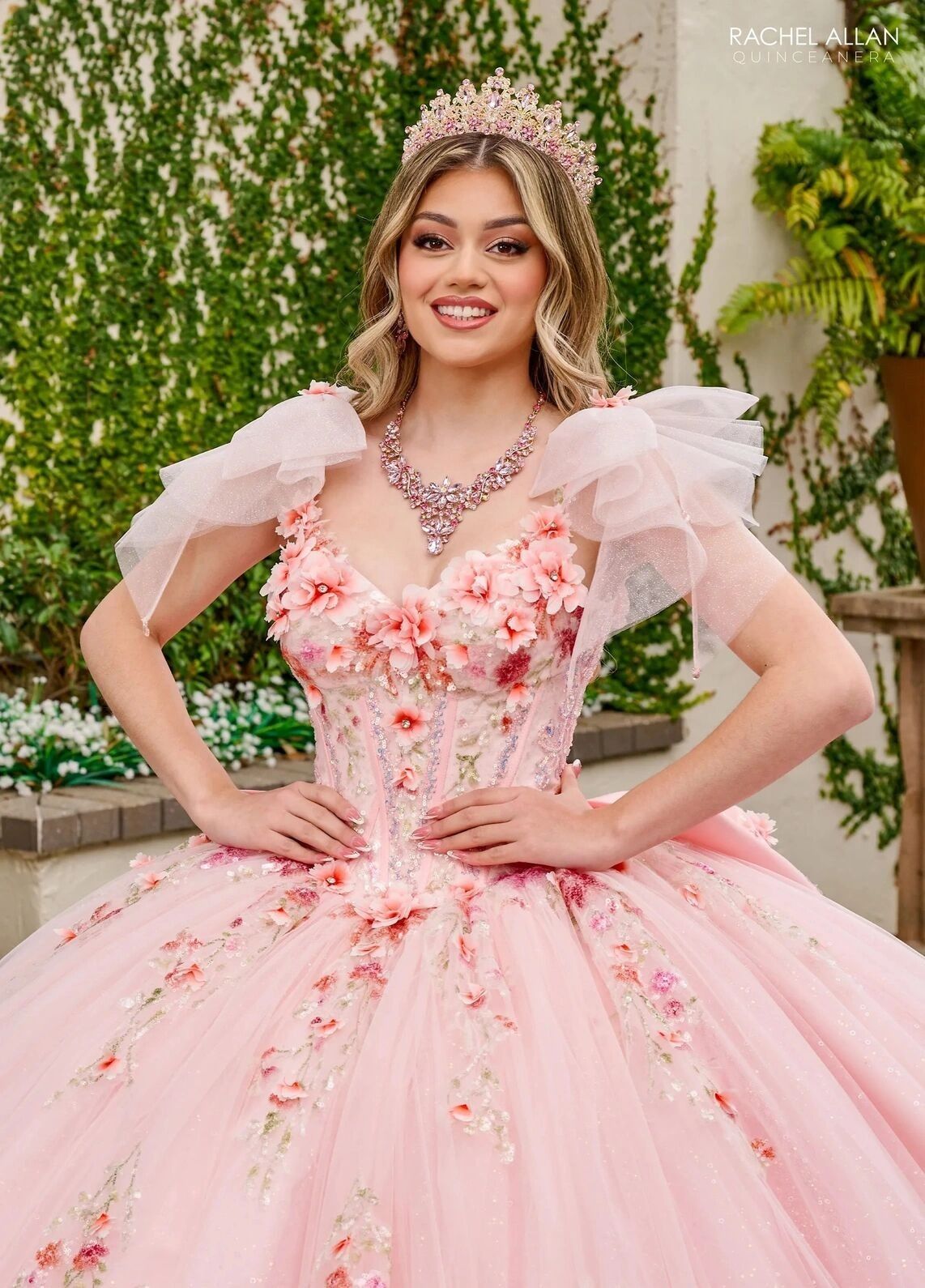 Blush Multi Sweetheart Floor Length Tulle Quinceanera Ball Gown with Floral Applique Rachel Allan RQ3132