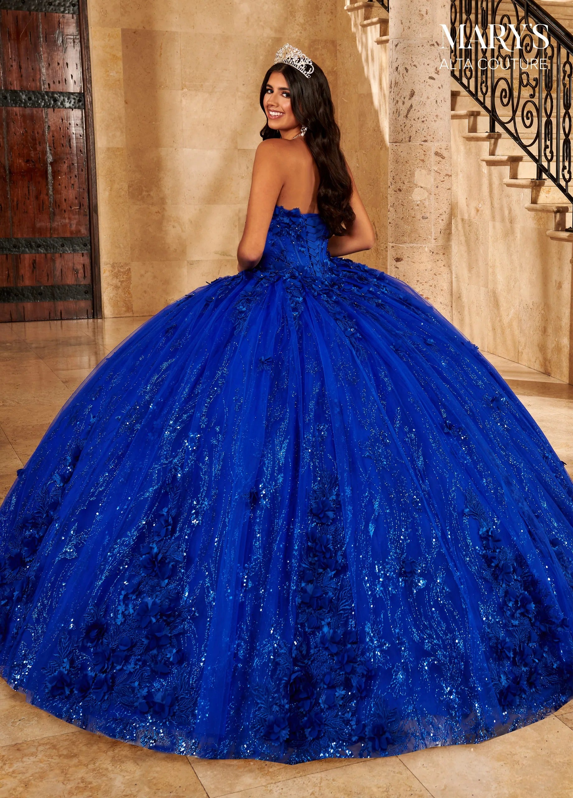 Royal Off-the-Shoulder Floor-Length Glitter Tulle Quinceanera Ball Gown with 3D Floral Applique Rachel Allan MQ3086