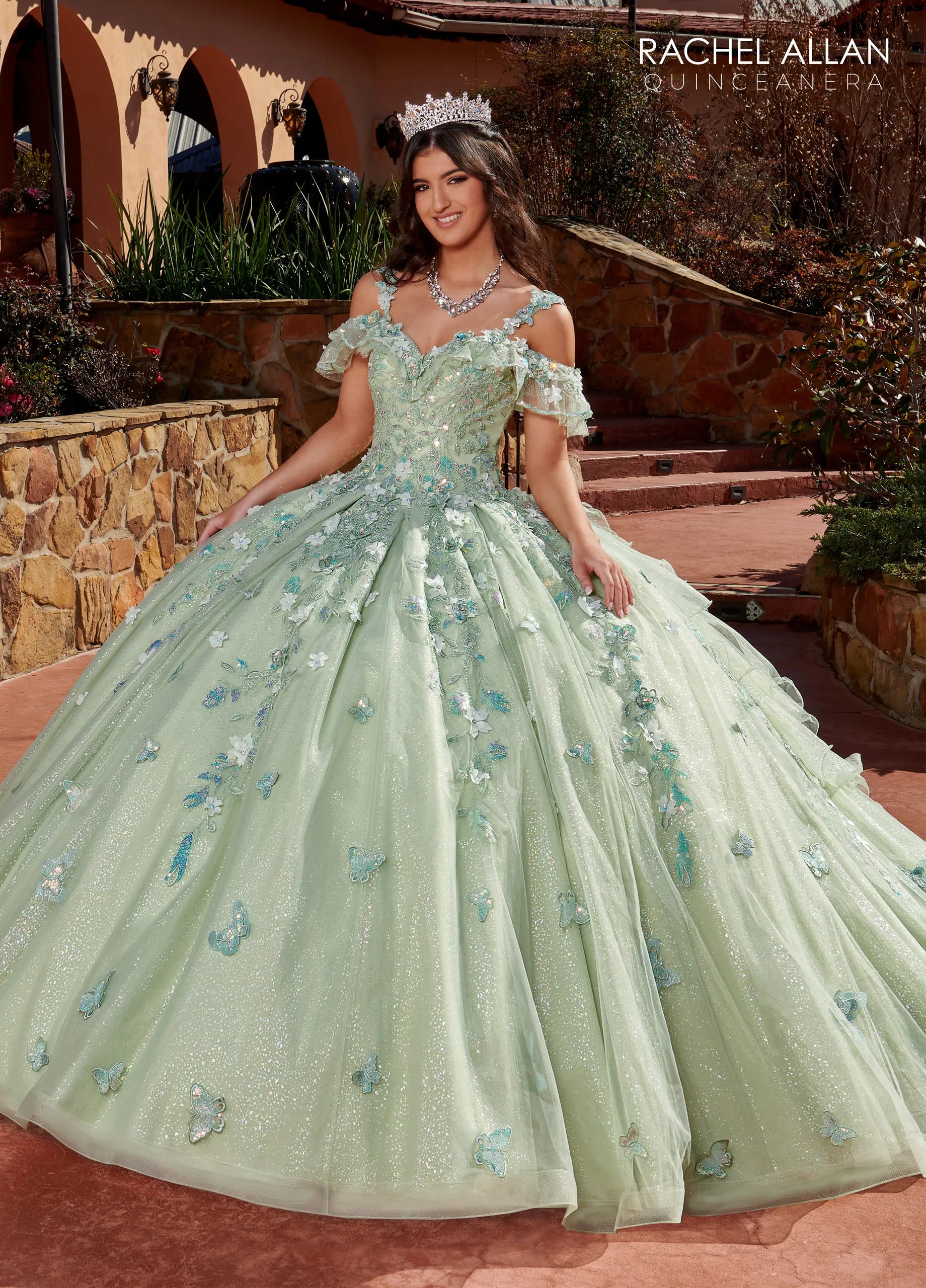 Sage Off-the-Shoulder Floor-Length Glitter Tulle Quinceañera Ball Gown with Beaded 3D Flowers Rachel Allan RQ3120