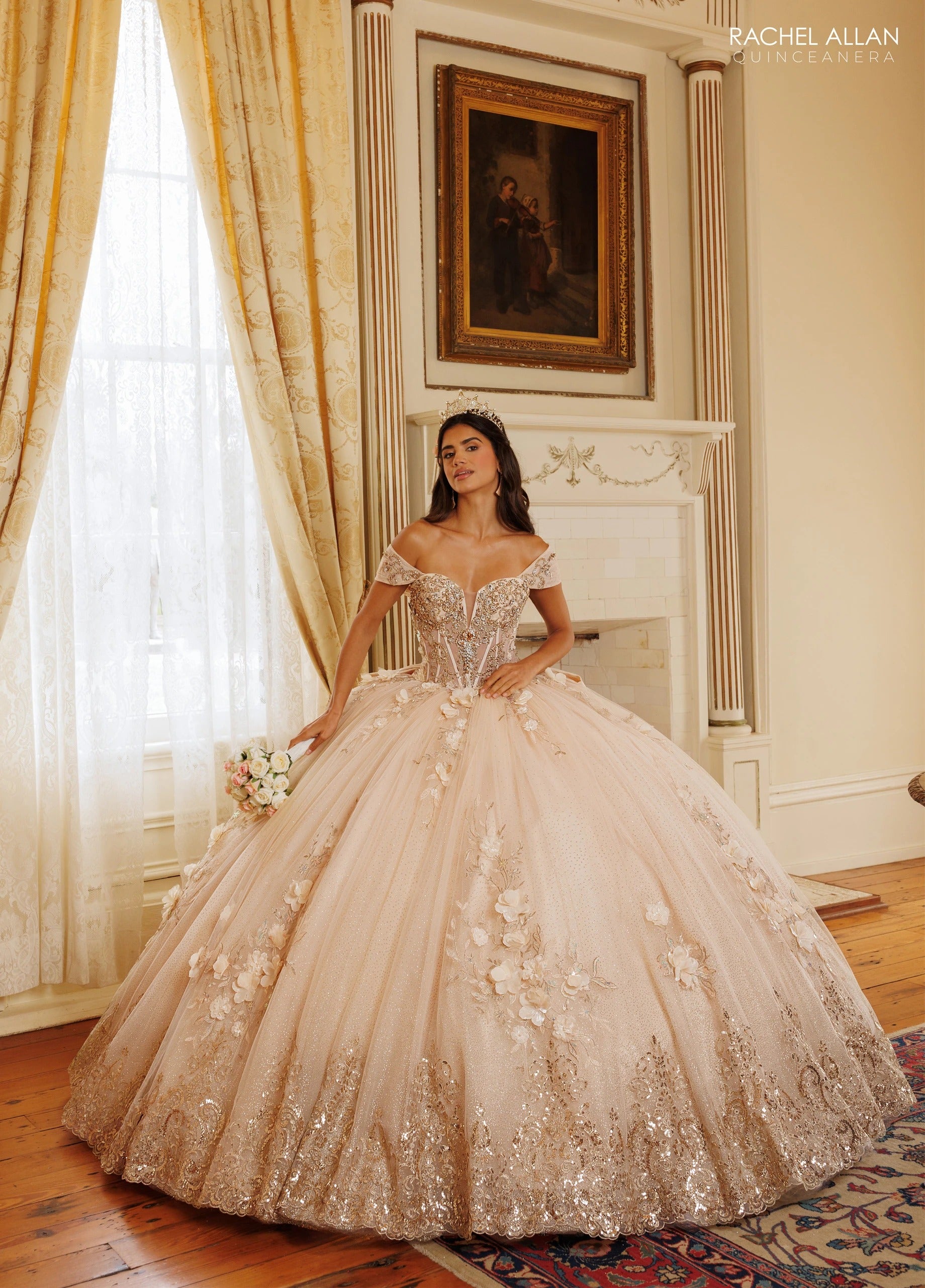Off-the-Shoulder Floor-Length with T in Tulle Quinceañe Ball Gown Rachel Allan RQ3180