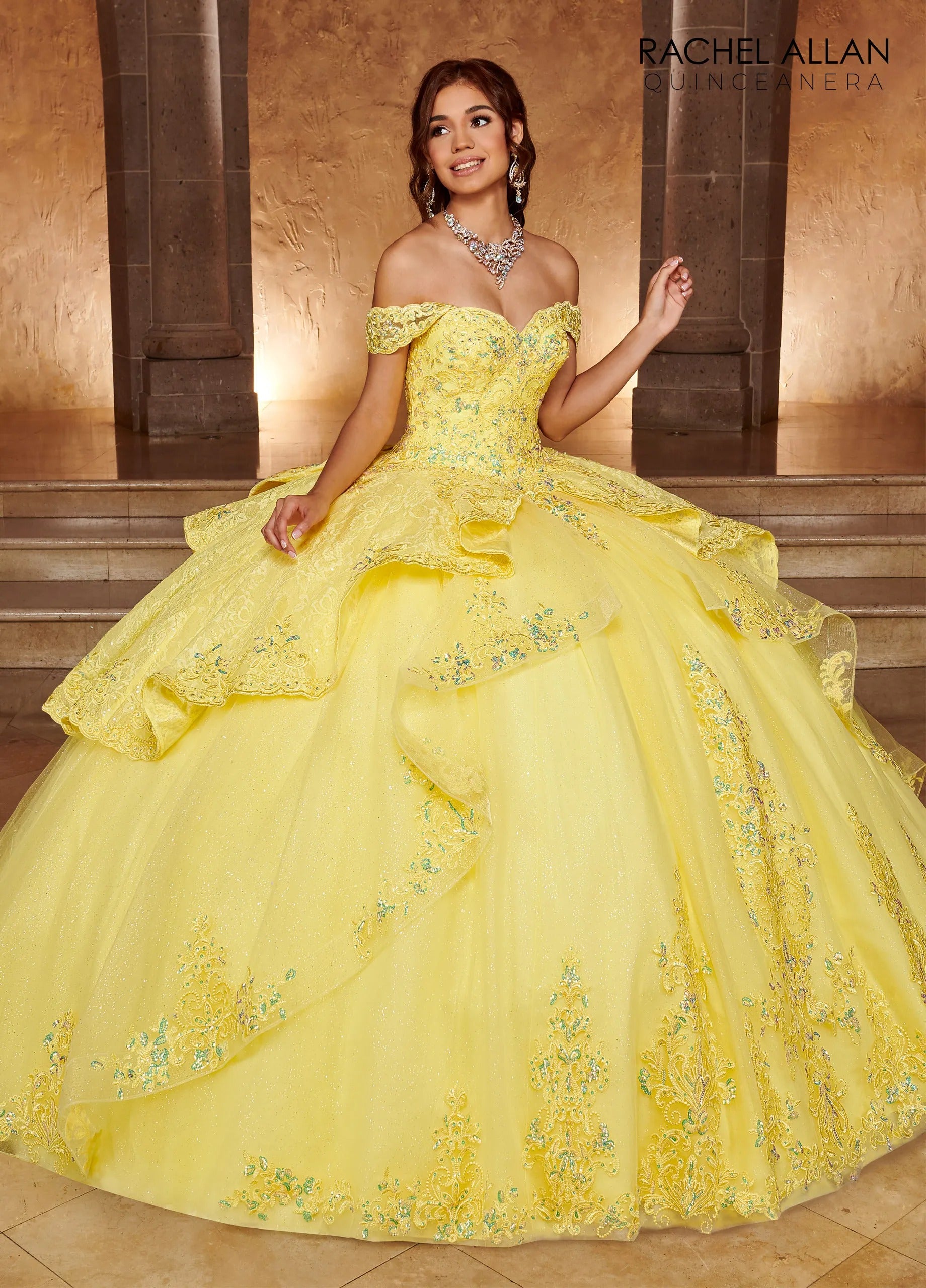 Yellow Sweetheart Floor Length Glitter Tulle Quinceanera Ball Gown with Lace Bodice Rachel Allan RQ3105