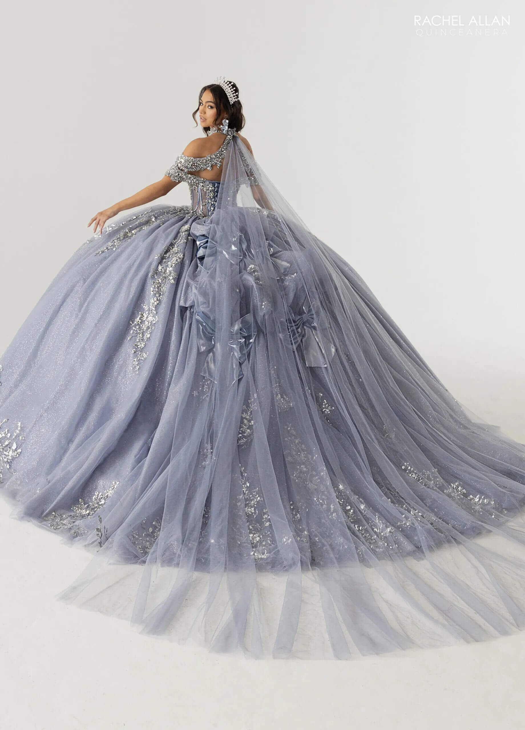Slate Silver Off the Shoulder Floor Length Glitter Tulle Quinceanera Ball Gown Rachel Allan RQ3178