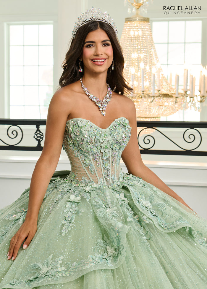 Quinceniera Dresses Long Ball Gown 3D Flower Glitter Quinceanera Dress Sage