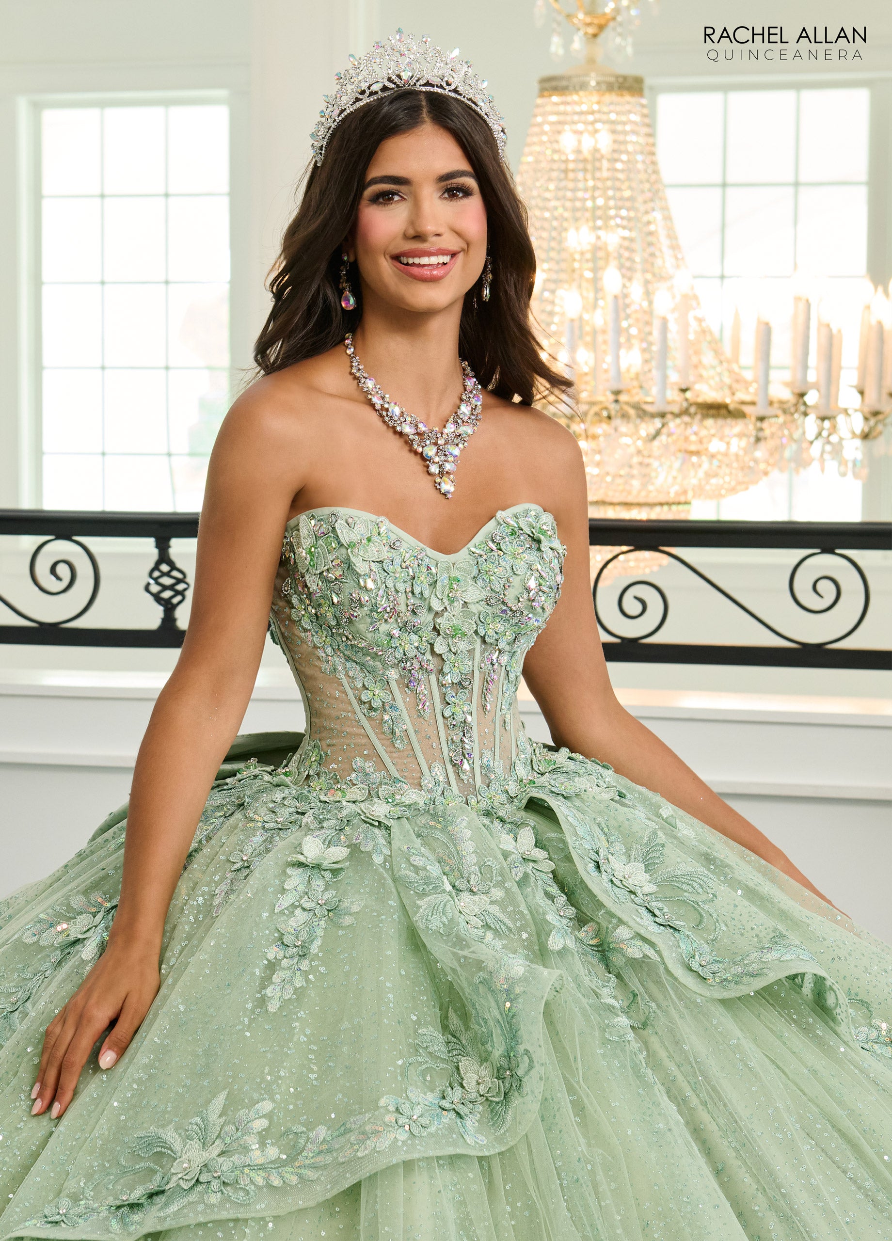 Quinceniera Dresses Long Ball Gown 3D Flower Glitter Quinceanera Dress Sage