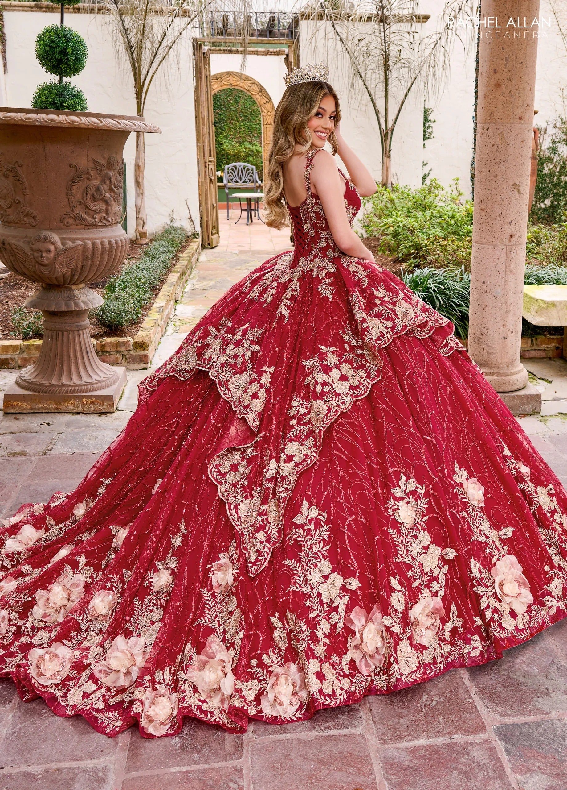 Burgundy Gold V Neck Floor Length Glitter Tulle Quinceanera Ball Gown with 3D Floral Applique Rachel Allan RQ3140