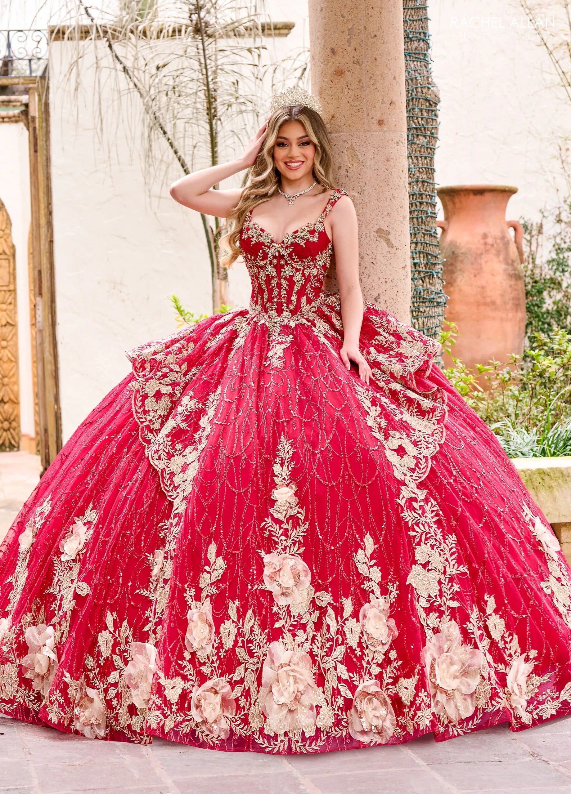 Burgundy Gold V Neck Floor Length Glitter Tulle Quinceanera Ball Gown with 3D Floral Applique Rachel Allan RQ3140